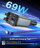 Gritin Retractable Car Charger, 69W Super Fast 4 in 1 USB C Car Charger Adapter with Smart Device-Adaptive Charging Technology&Instant Current Display,Accessories for Phone 16 15,iPad,Android etc