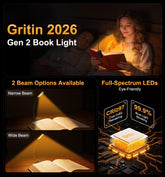Gritin 2026 Gen 2 Book Light for Reading- 30 Eye Caring Full Spectrum LED, 5 Colors & 5 Brightness, Adjustable Wide/Narrow Beam, Upgrade 1500mAh Long-Lasting Rechargeable Clip on Light for Book Lovers
