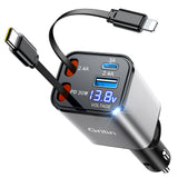 Gritin Retractable Car Charger, 69W Super Fast 4 in 1 USB C Car Charger Adapter with Smart Device-Adaptive Charging Technology&Instant Current Display,Accessories for Phone 16 15,iPad,Android etc