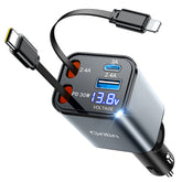 Gritin Retractable Car Charger, 69W Super Fast 4 in 1 USB C Car Charger Adapter with Smart Device-Adaptive Charging Technology&Instant Current Display,Accessories for Phone 16 15,iPad,Android etc