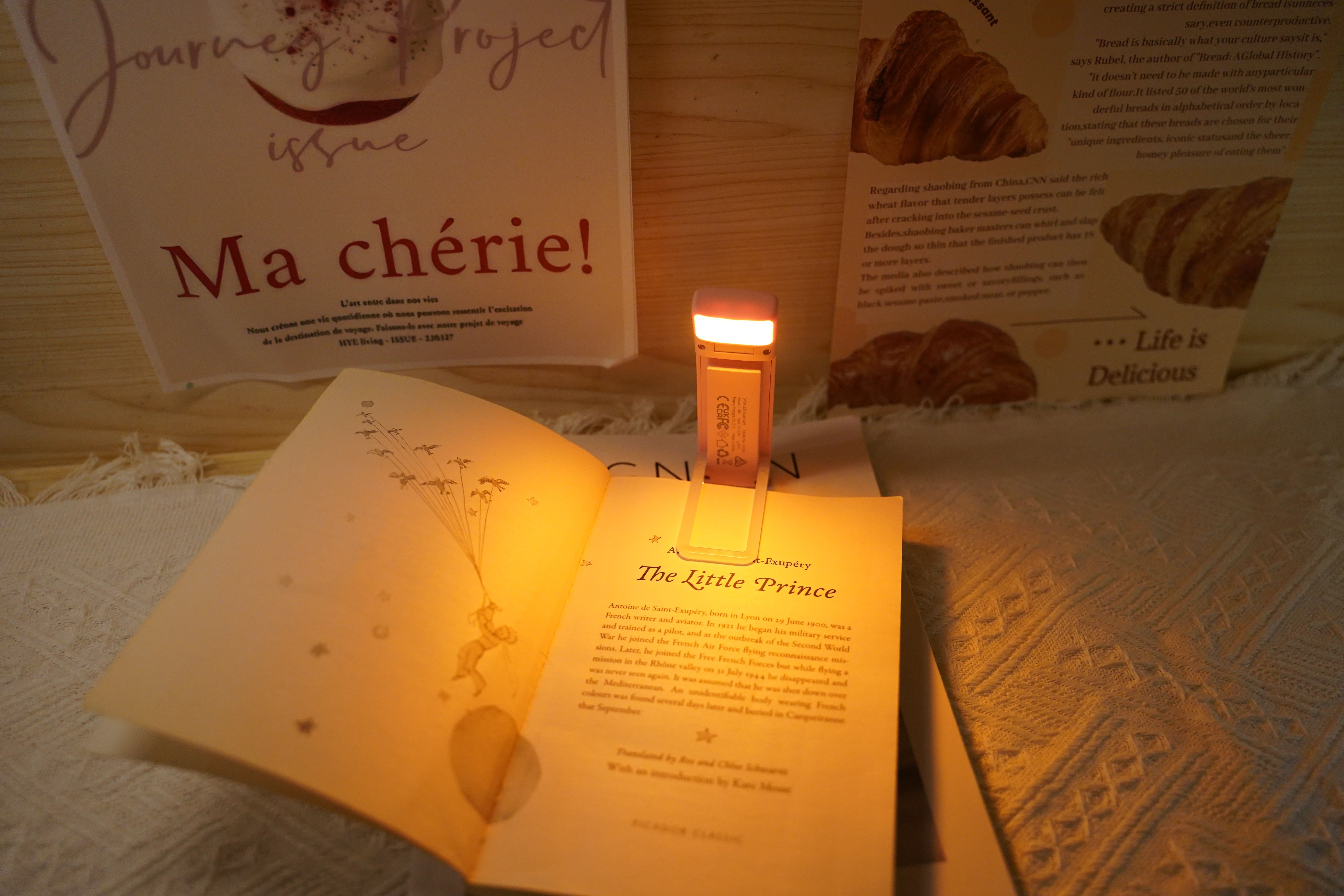 Gritin compact rechargeable clip-on book light casting a warm soft glow on the open pages of a book
