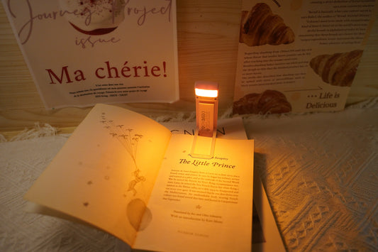 Gritin compact rechargeable clip-on book light casting a warm soft glow on the open pages of a book