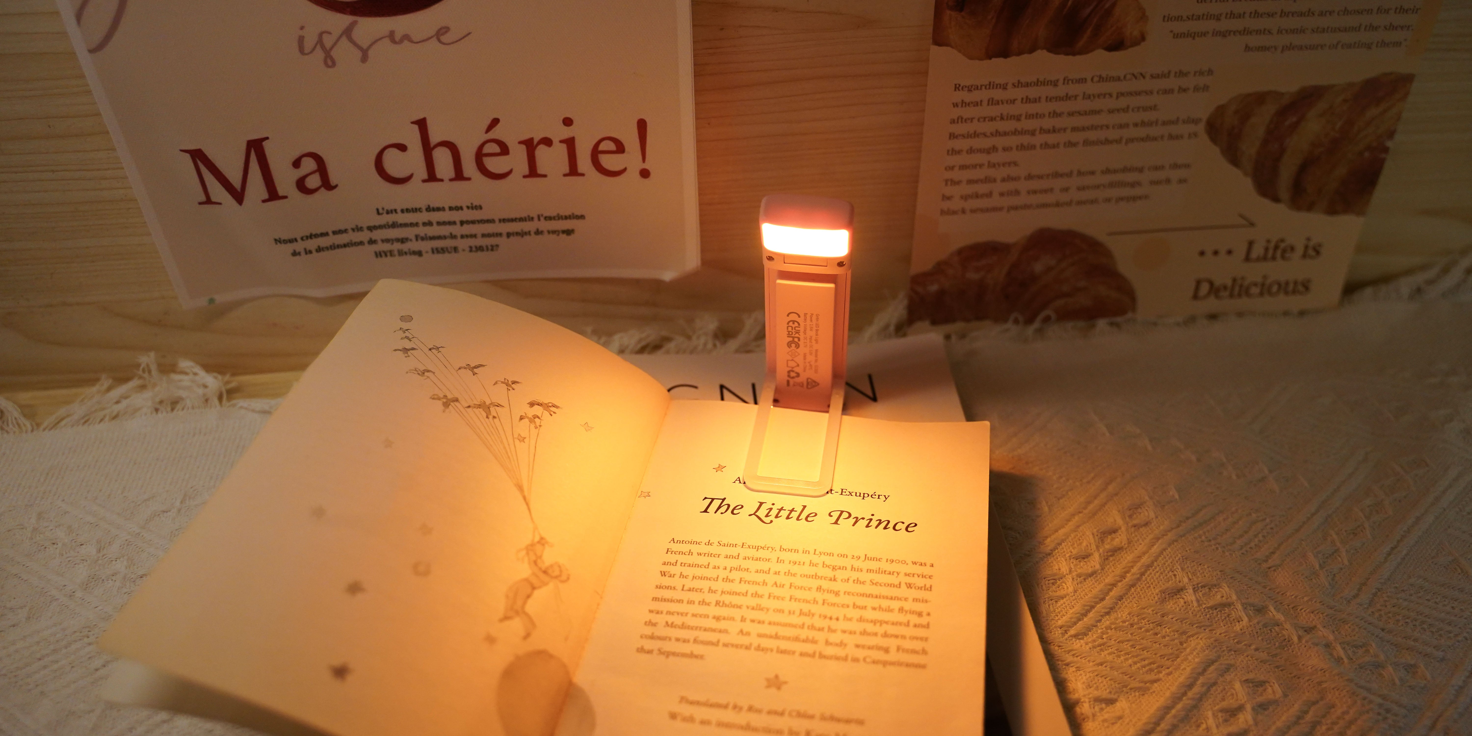Gritin compact rechargeable clip-on book light casting a warm glow on an open book