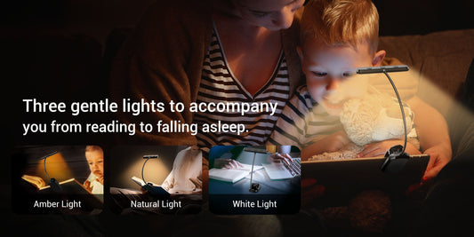 Collage showing a flexible LED reading light used in amber, natural, and white color modes for books and tablets.