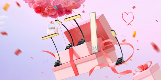 Valentine's Day gift box with Gritin LED book lights and cabinet lights on pink background