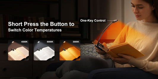 Demonstration of a compact book light's one-key control switching between 4500K, 6000K, and 3000K lighting modes.