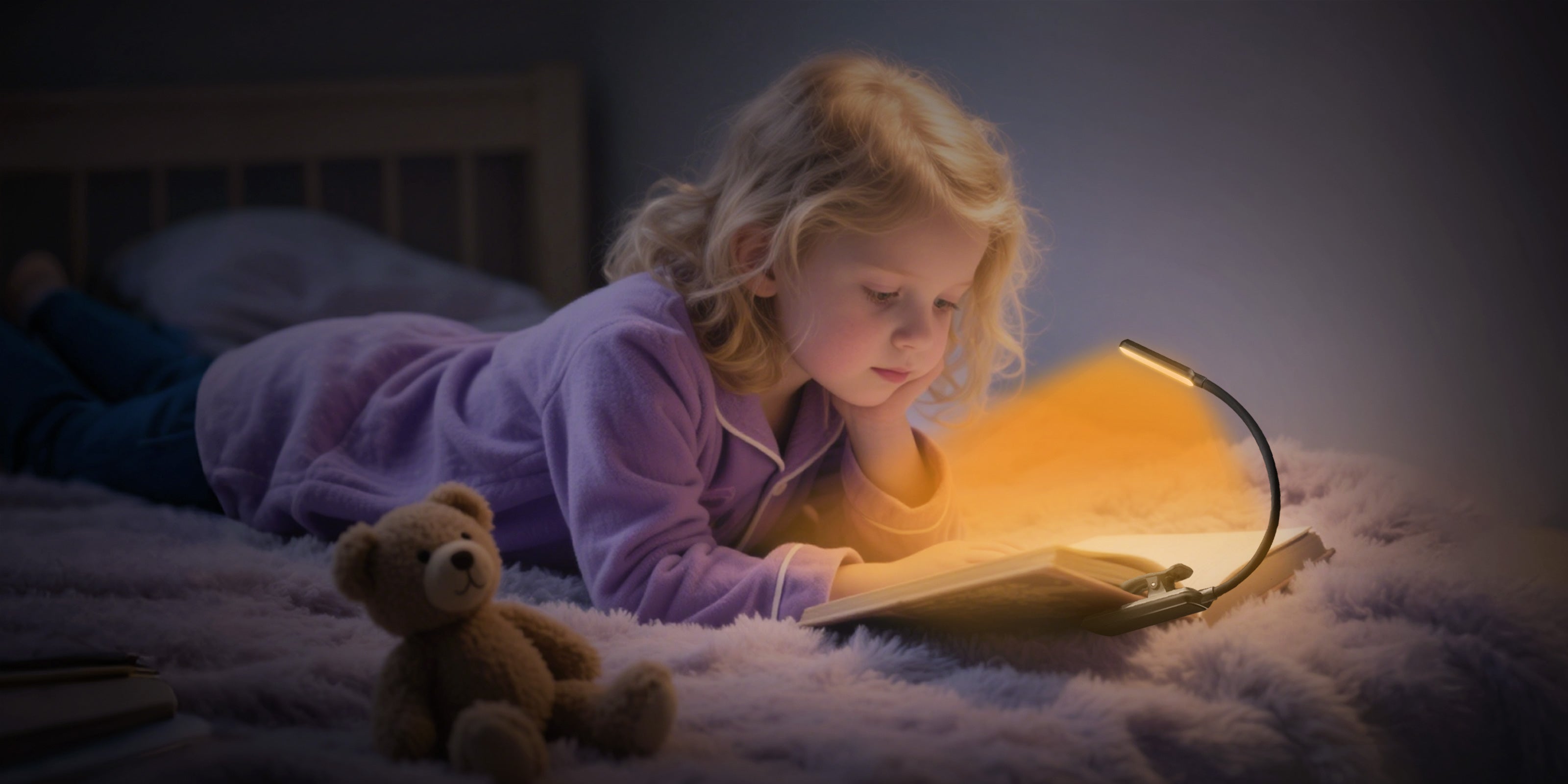 Warm clip-on book light illuminating a children’s storybook during bedtime reading