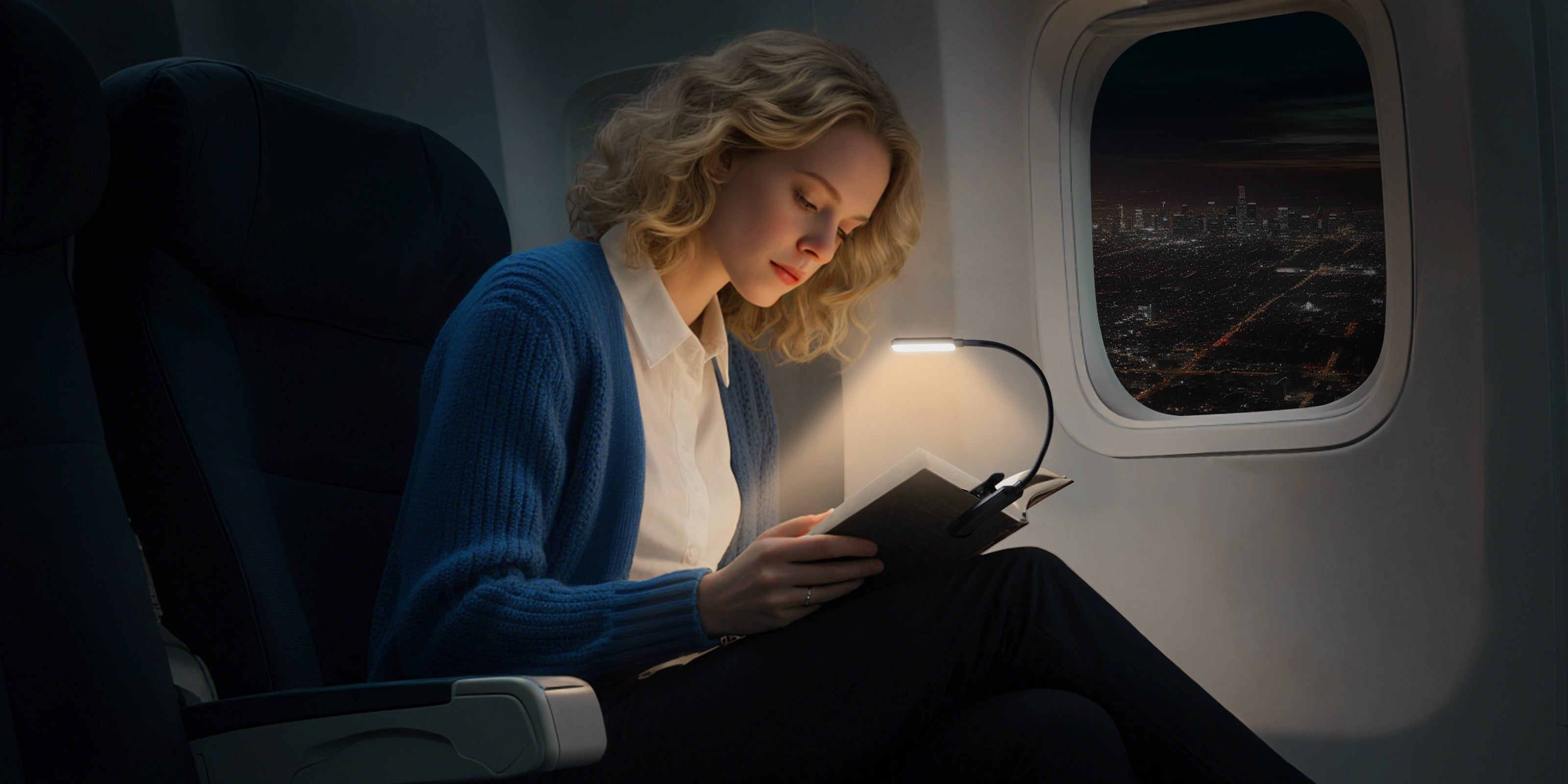 Compact clip-on book light illuminating an open book during nighttime travel