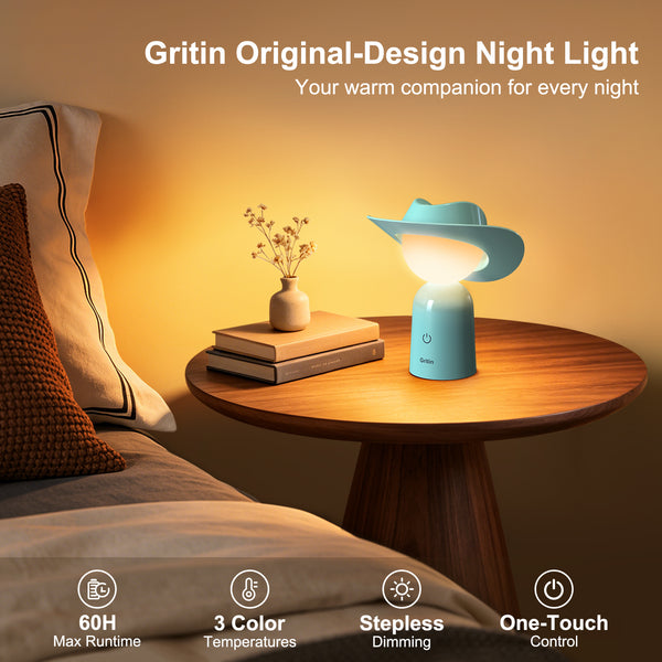 Gritin Cowboy Hat Night Light – Rechargeable 3-Colour Dimmable Bedside Lamp