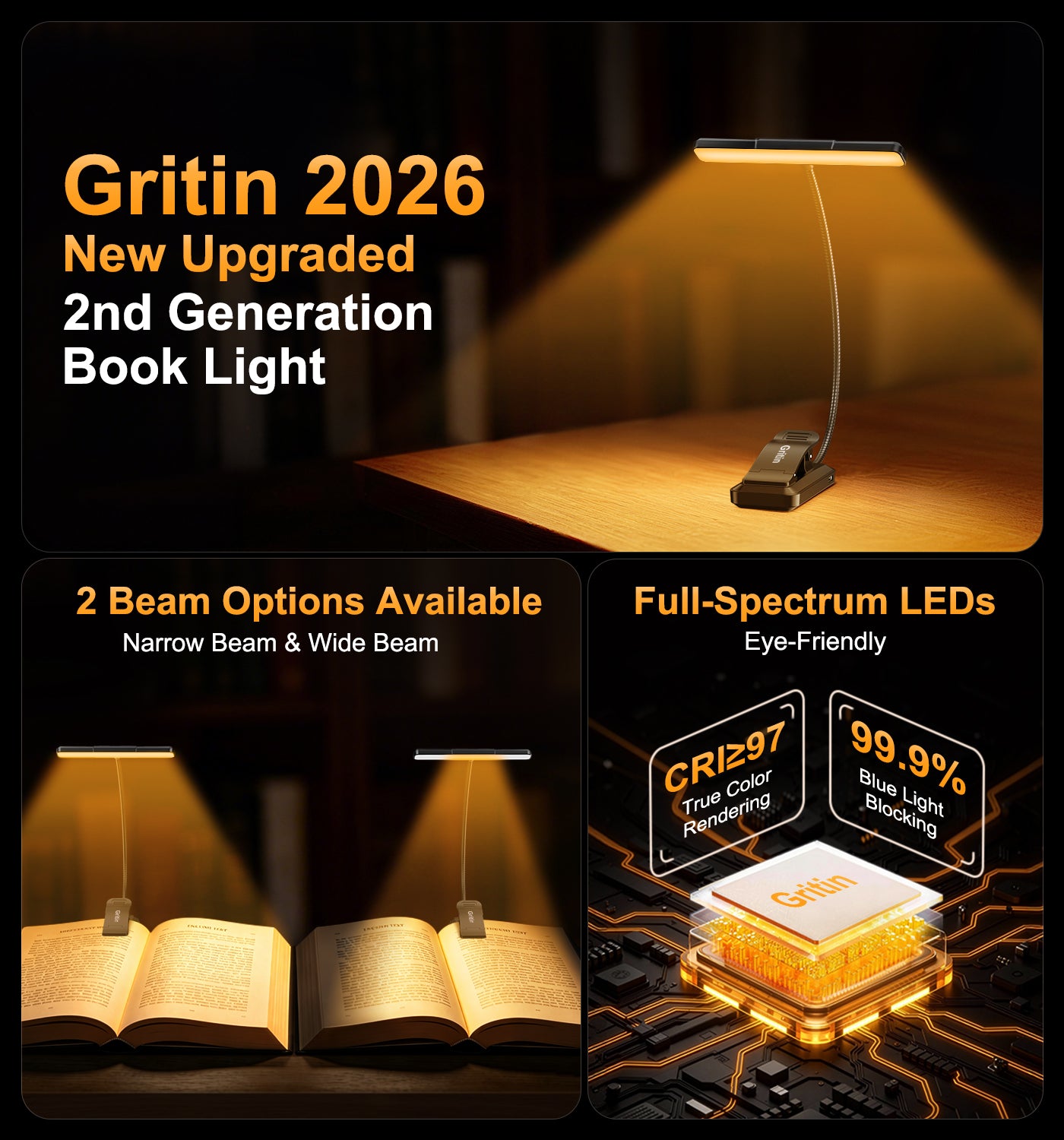 Gritin Gen 2 32 LED Dual-Beam Clip-On Book Light