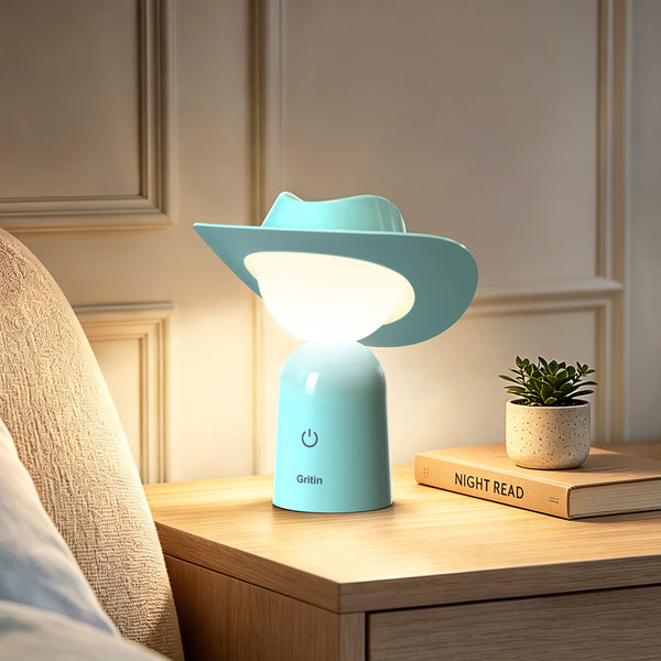 Gritin Cowboy Hat Night Light – Rechargeable 3-Colour Dimmable Bedside Lamp