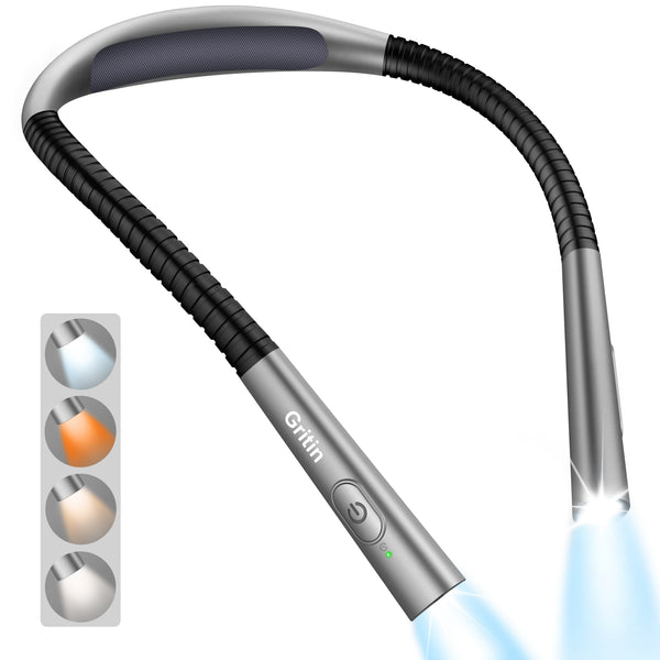 Gritin Rechargeable Neck Reading Light, Flexible Book Light with 4 Colors & 5 Brightness Levels, 80Hrs Runtime