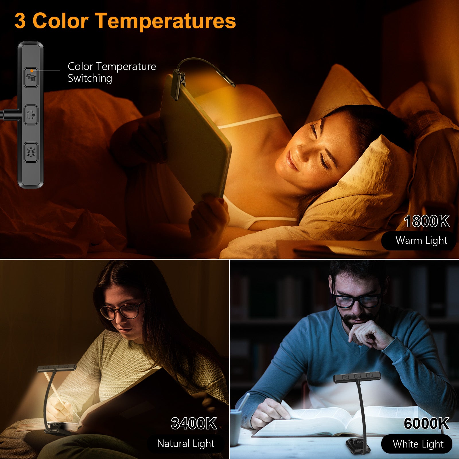 Lampe de lecture rechargeable Gritin 19 LED, 3 modes de protection des yeux - Gradation en continu