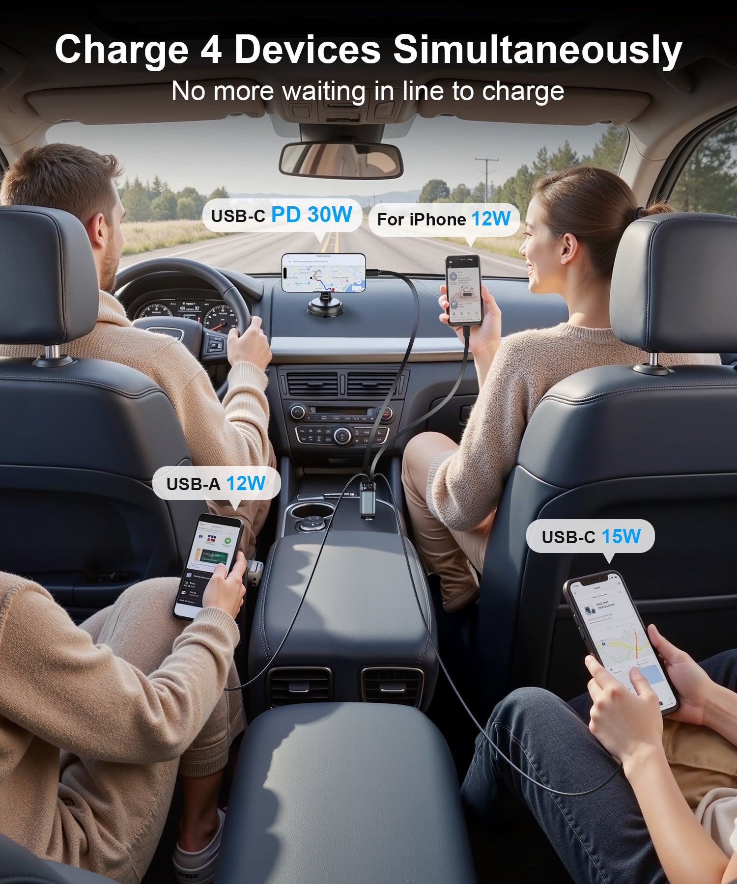 Gritin Retractable Car Charger, 69W Super Fast 4 in 1 USB C Car Charger Adapter with Smart Device-Adaptive Charging Technology&Instant Current Display,Accessories for Phone 16 15,iPad,Android etc