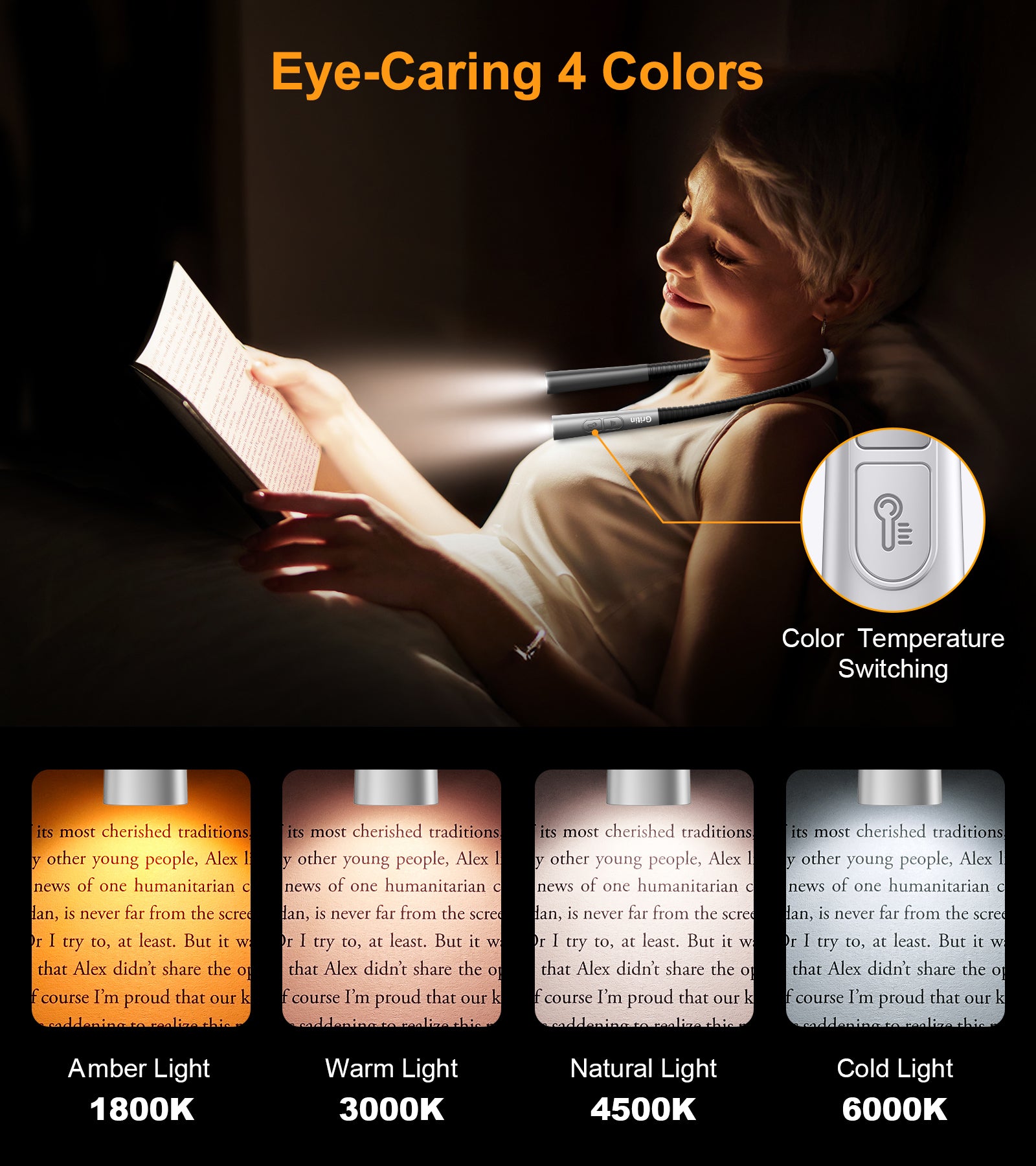 Gritin Rechargeable Neck Reading Light, Flexible Book Light with 4 Colors & 5 Brightness Levels, 80Hrs Runtime