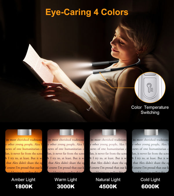 Gritin Rechargeable Neck Reading Light, Flexible Book Light with 4 Colors & 5 Brightness Levels, 80Hrs Runtime