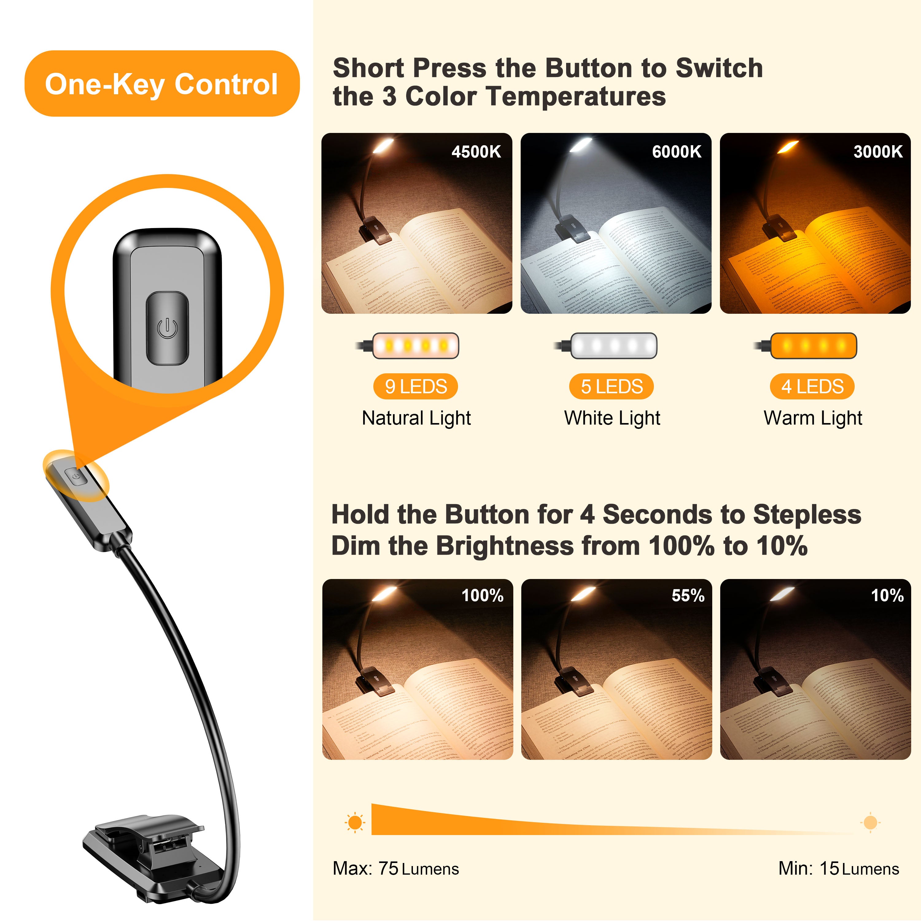 Lampe de lecture rechargeable Gritin à 9 LED pour lire au lit