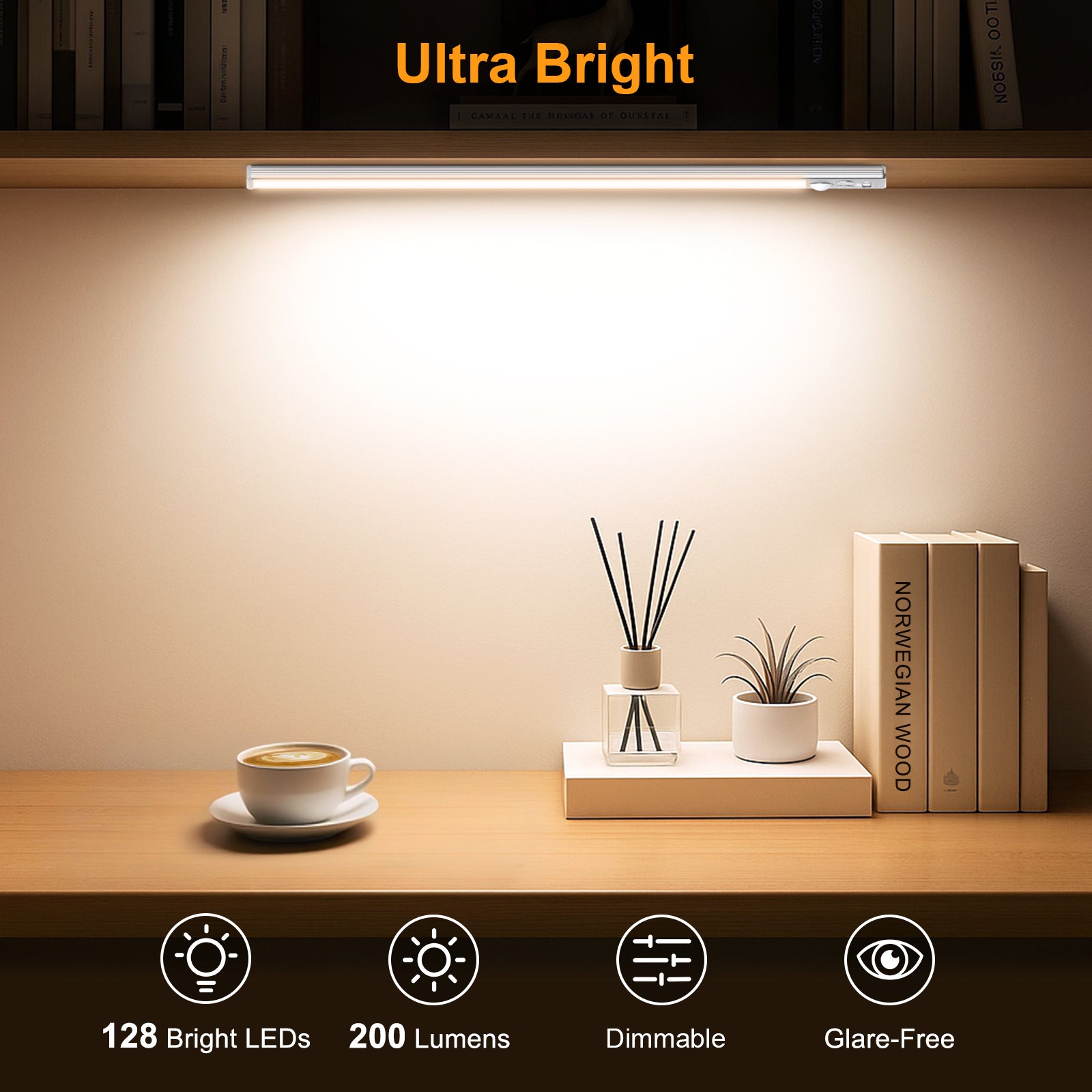 Gritin Under Cabinet Kitchen Lights 2 Pack-128 LED Super Bright,3-Color&5-Brightness,4 Modes,Motion Sensor, Rechargeable Long Lasting-Easy Installation Magnetic Under Closet Light 14.7 Inch