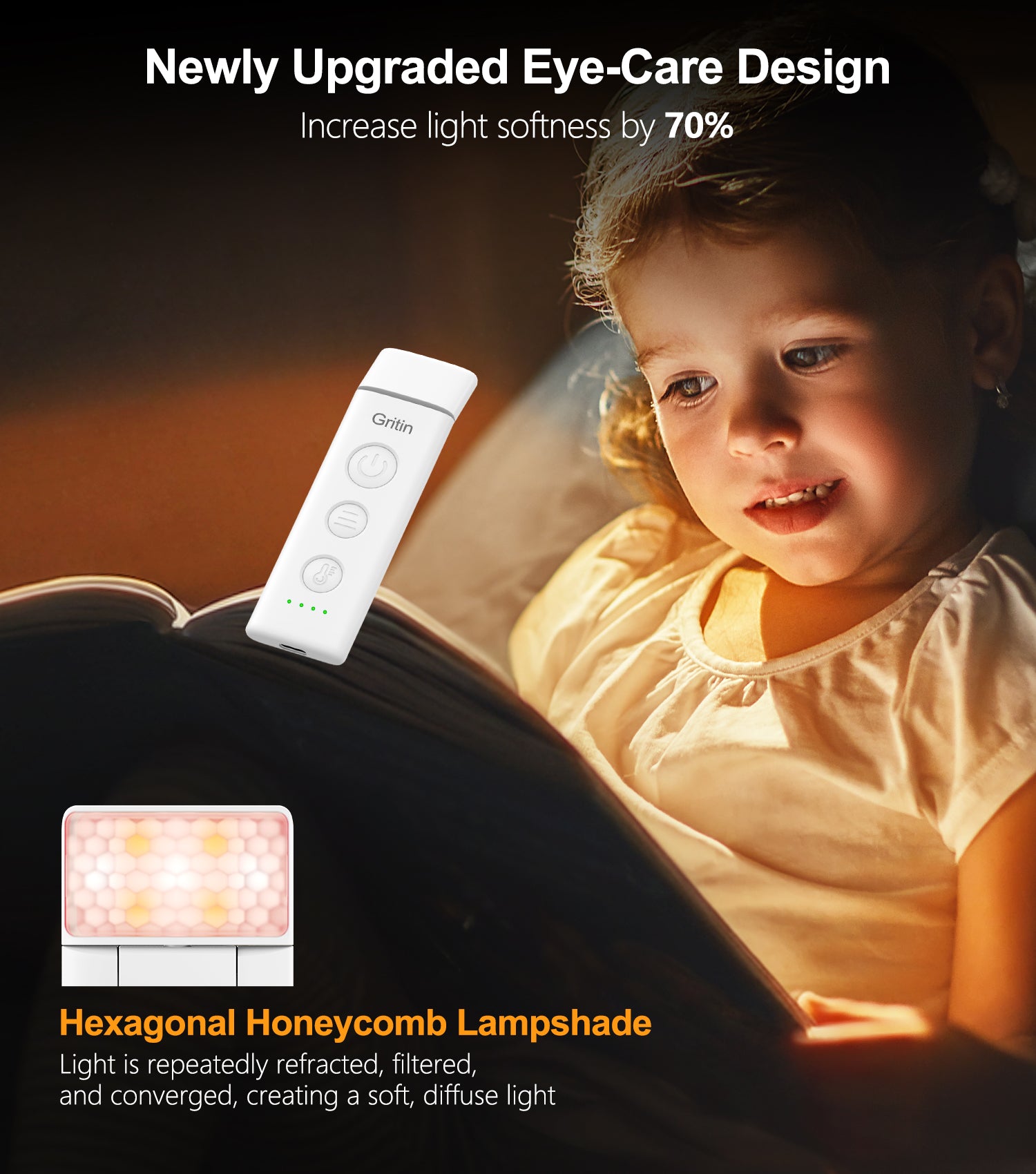 Gritin Rechargeable Clip-on Book Light, 3 Eye-Care Modes, 5 Brightness Levels & Stepless Dimming