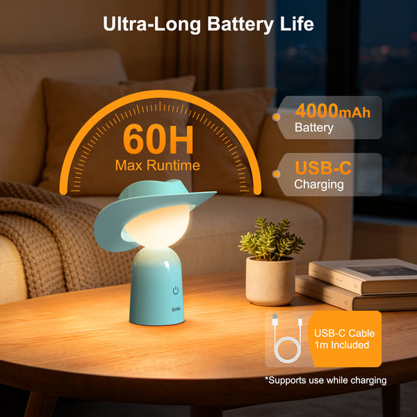 Gritin Cowboy Hat Night Light – Rechargeable 3-Colour Dimmable Bedside Lamp