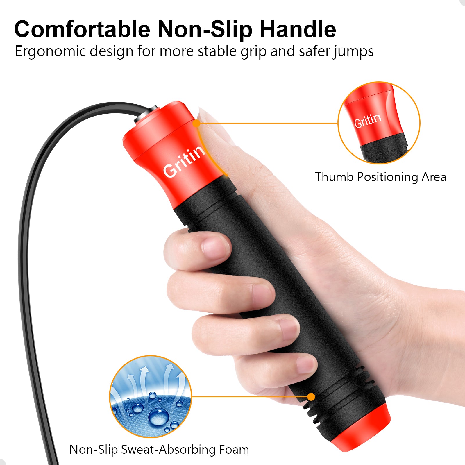 Gritin Skipping Rope for Adults, 3M Speed Jump Rope Adjustable Cord with Scale Marking & Rapid Ball Bearings, Soft Foam Handle Tangle-free for Fitness Workouts Fat Burning- Length Adjuster Included