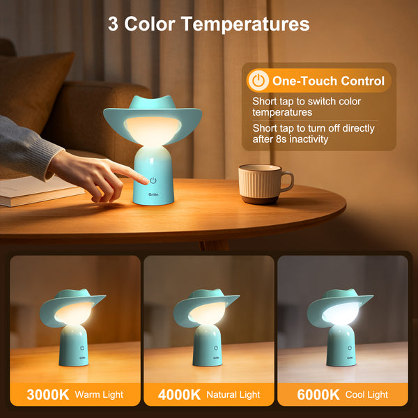 Gritin Cowboy Hat Night Light – Rechargeable 3-Colour Dimmable Bedside Lamp