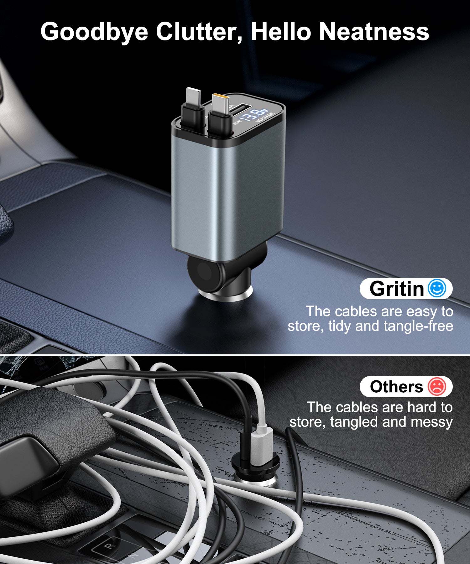 Gritin Retractable Car Charger, 69W Super Fast 4 in 1 USB C Car Charger Adapter with Smart Device-Adaptive Charging Technology&Instant Current Display,Accessories for Phone 16 15,iPad,Android etc