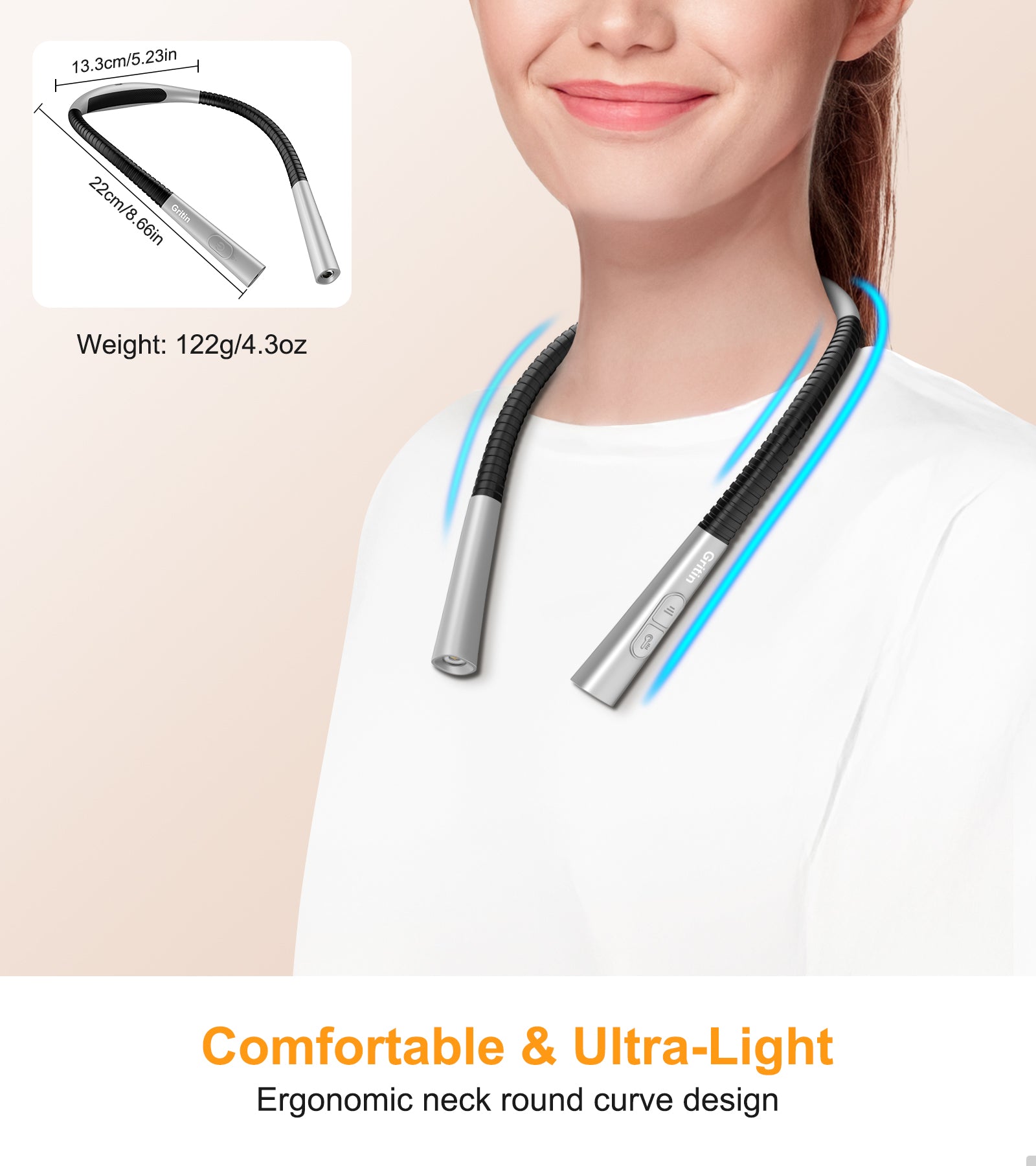 Gritin Book Light, Rechargeable Neck Light for Reading - 4-Color&5-Brightness,Bendable Arms,30-min Timer,80+ Hrs Runtime,Neck Curve Fit Ergonomic Design, Comfortable for Reading,Camping,Repairing etc.