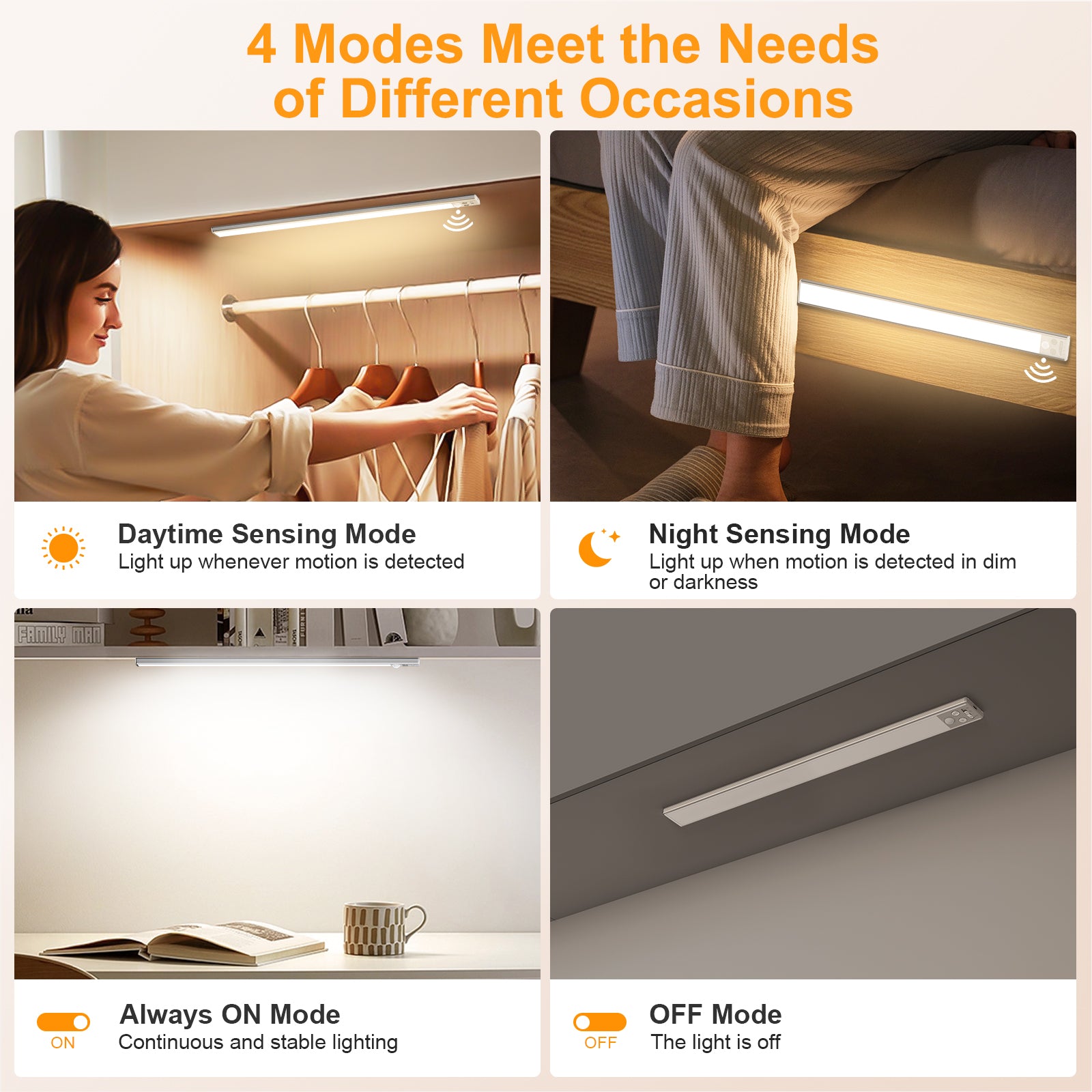 Gritin Under Cabinet Kitchen Lights 2 Pack-128 LED Super Bright,3-Color&5-Brightness,4 Modes,Motion Sensor, Rechargeable Long Lasting-Easy Installation Magnetic Under Closet Light 14.7 Inch
