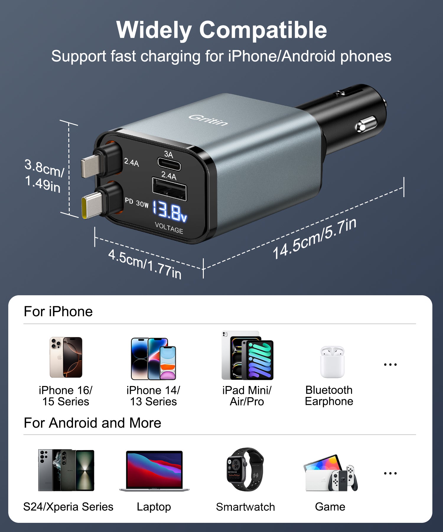 Gritin Retractable Car Charger, 69W Super Fast 4 in 1 USB C Car Charger Adapter with Smart Device-Adaptive Charging Technology&Instant Current Display,Accessories for Phone 16 15,iPad,Android etc