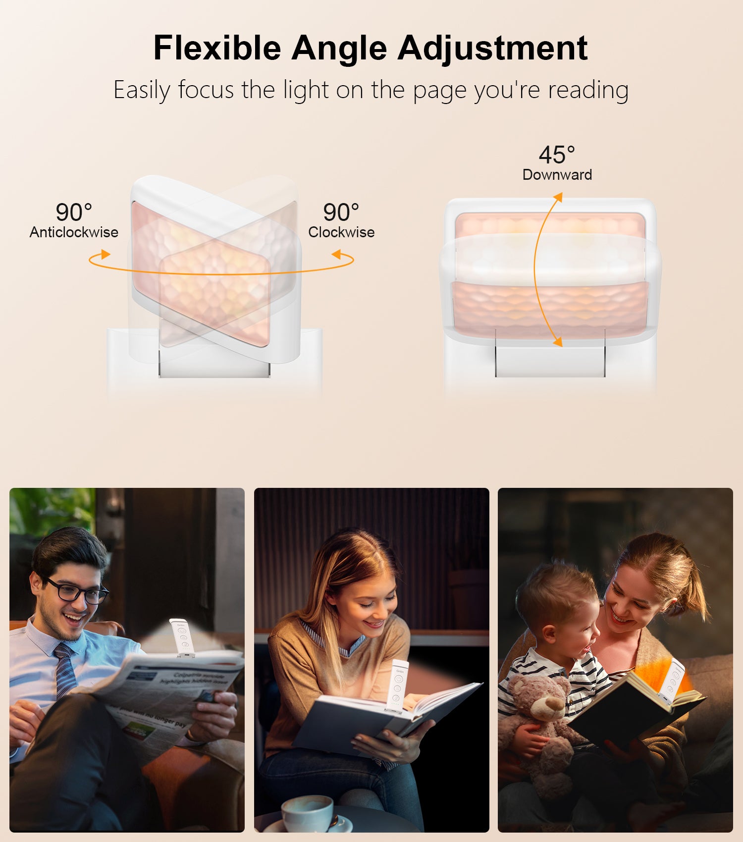 Gritin Rechargeable Clip-on Book Light, 3 Eye-Care Modes, 5 Brightness Levels & Stepless Dimming