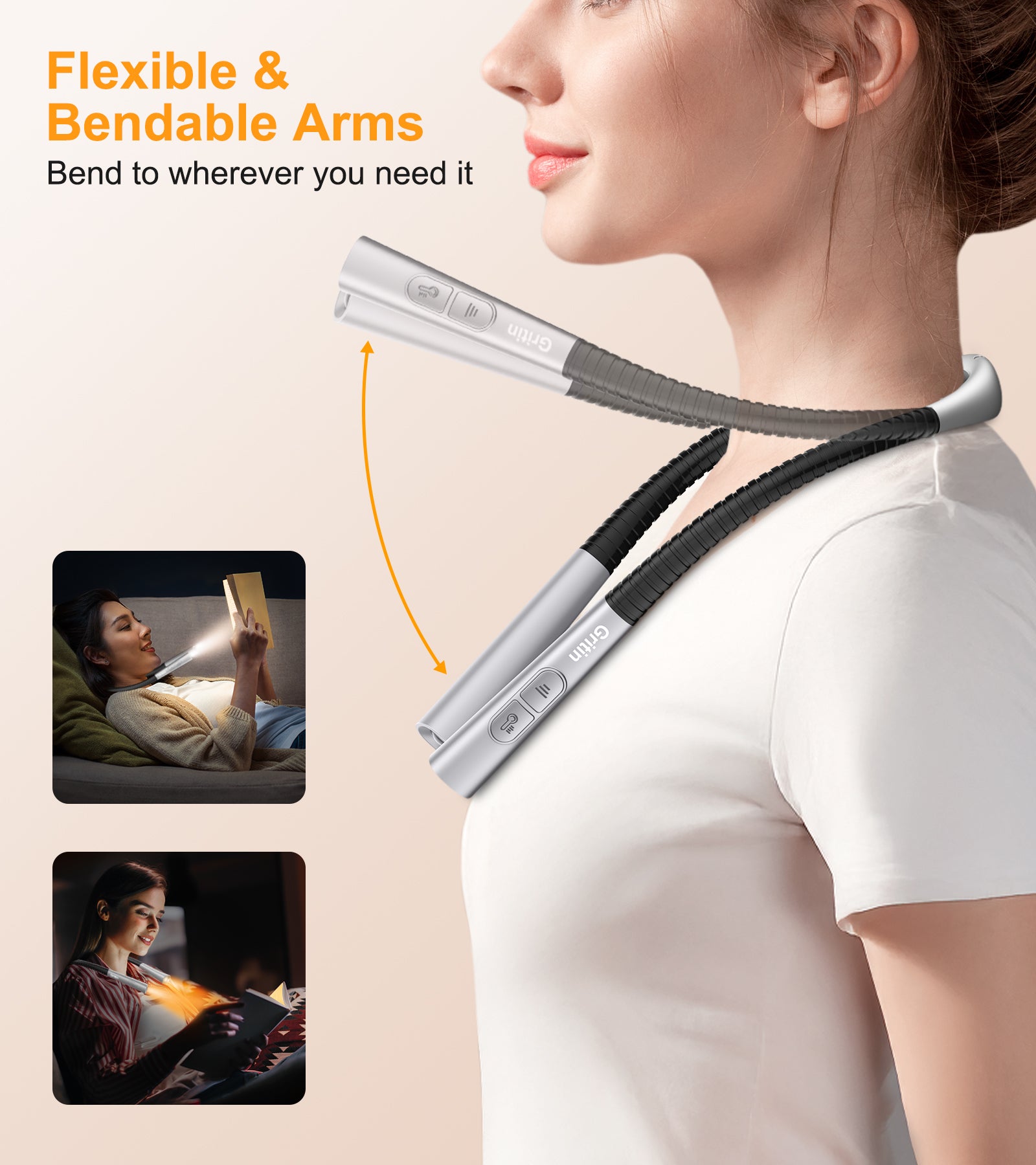 Gritin Book Light, Rechargeable Neck Light for Reading - 4-Color&5-Brightness,Bendable Arms,30-min Timer,80+ Hrs Runtime,Neck Curve Fit Ergonomic Design, Comfortable for Reading,Camping,Repairing etc.