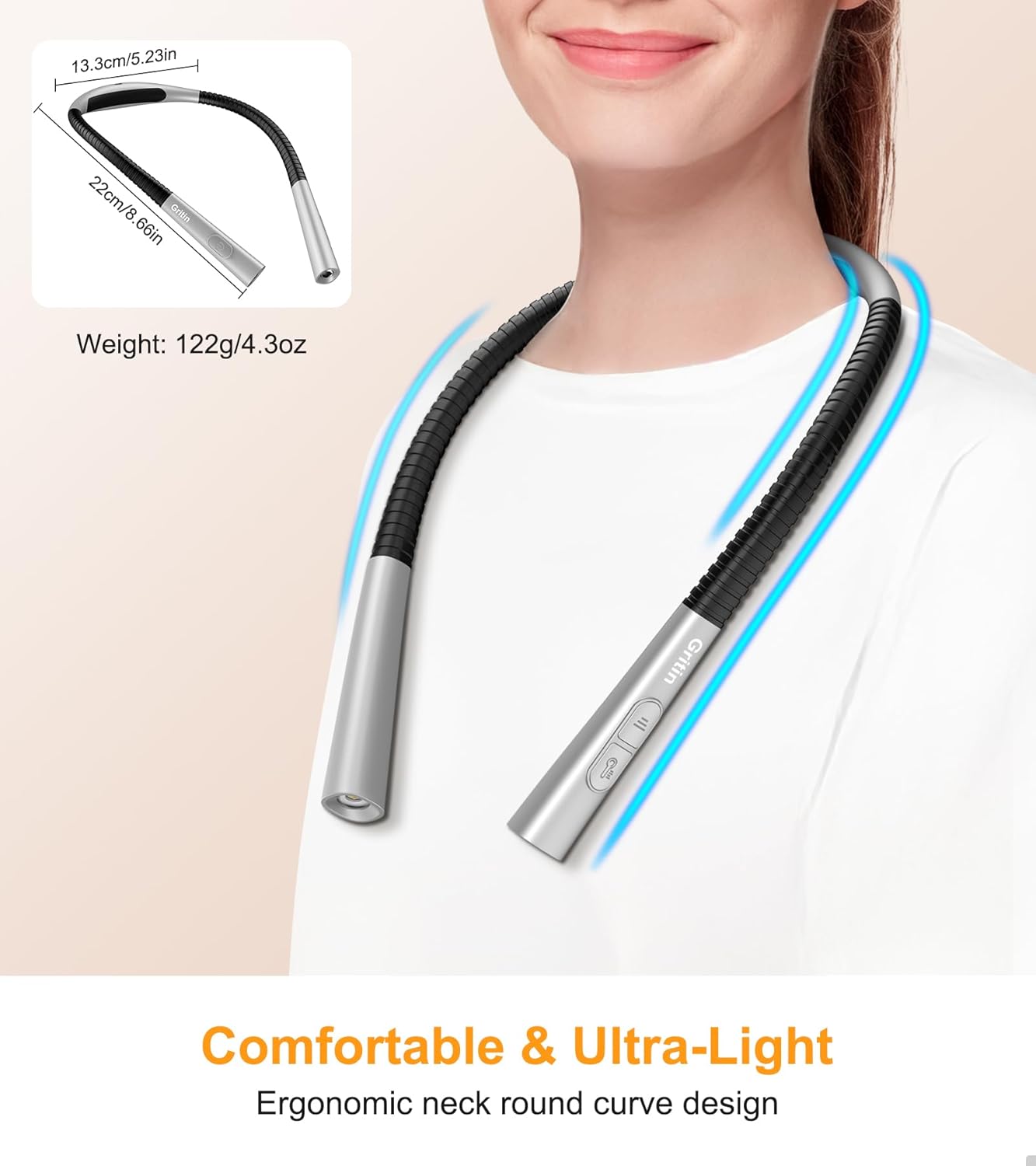 Gritin Book Light, Rechargeable Neck Light for Reading - 4-Color&5-Brightness,Bendable Arms,30-min Timer,80+ Hrs Runtime,Neck Curve Fit Ergonomic Design, Comfortable for Reading,Camping,Repairing etc.