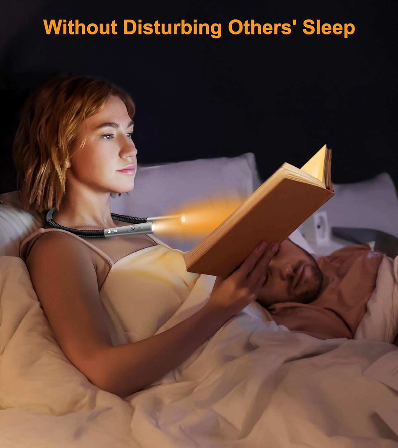 Gritin Book Light, Rechargeable Neck Light for Reading - 4-Color&5-Brightness,Bendable Arms,30-min Timer,80+ Hrs Runtime,Neck Curve Fit Ergonomic Design, Comfortable for Reading,Camping,Repairing etc.
