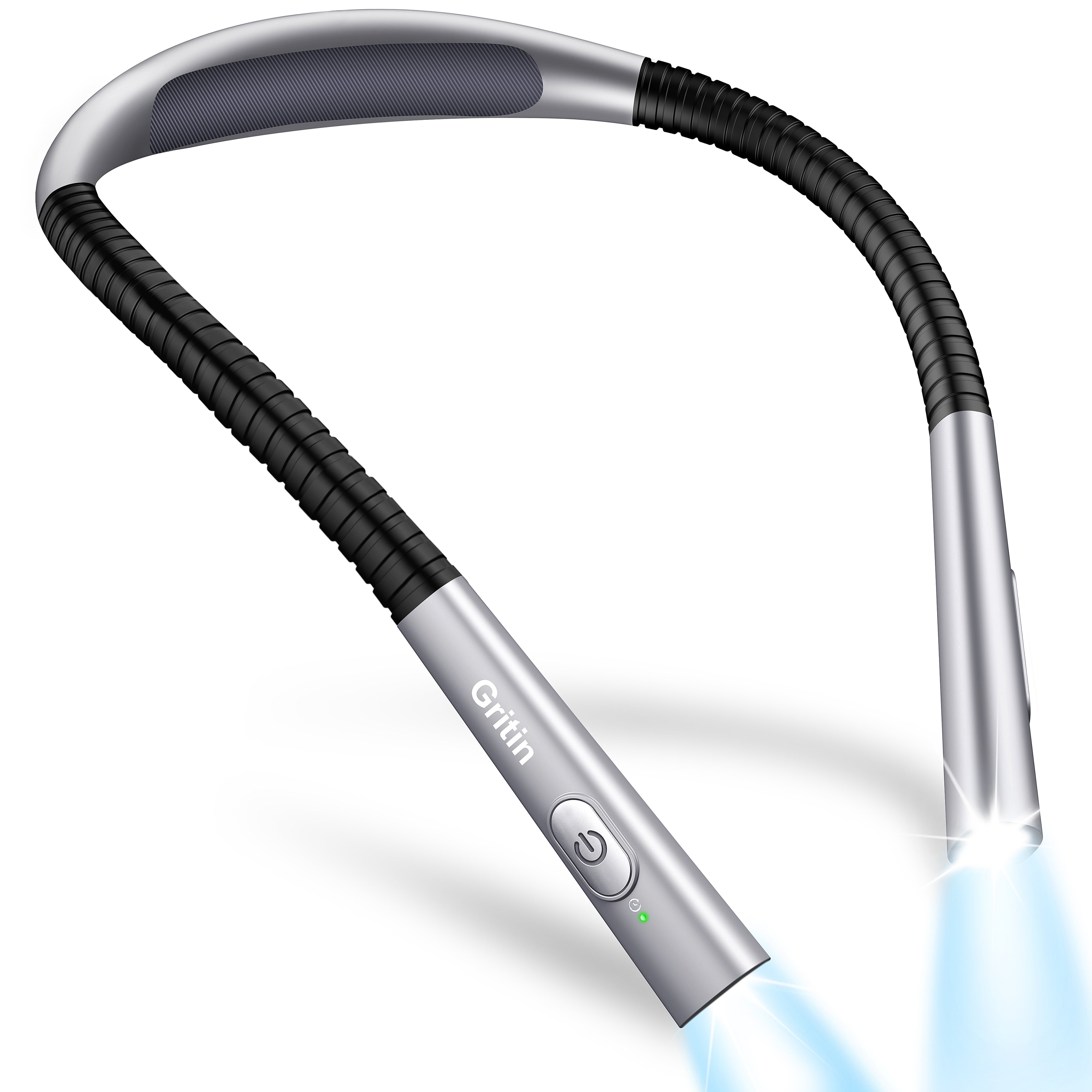 Gritin Book Light, Rechargeable Neck Light for Reading - 4-Color&5-Brightness,Bendable Arms,30-min Timer,80+ Hrs Runtime,Neck Curve Fit Ergonomic Design, Comfortable for Reading,Camping,Repairing etc.