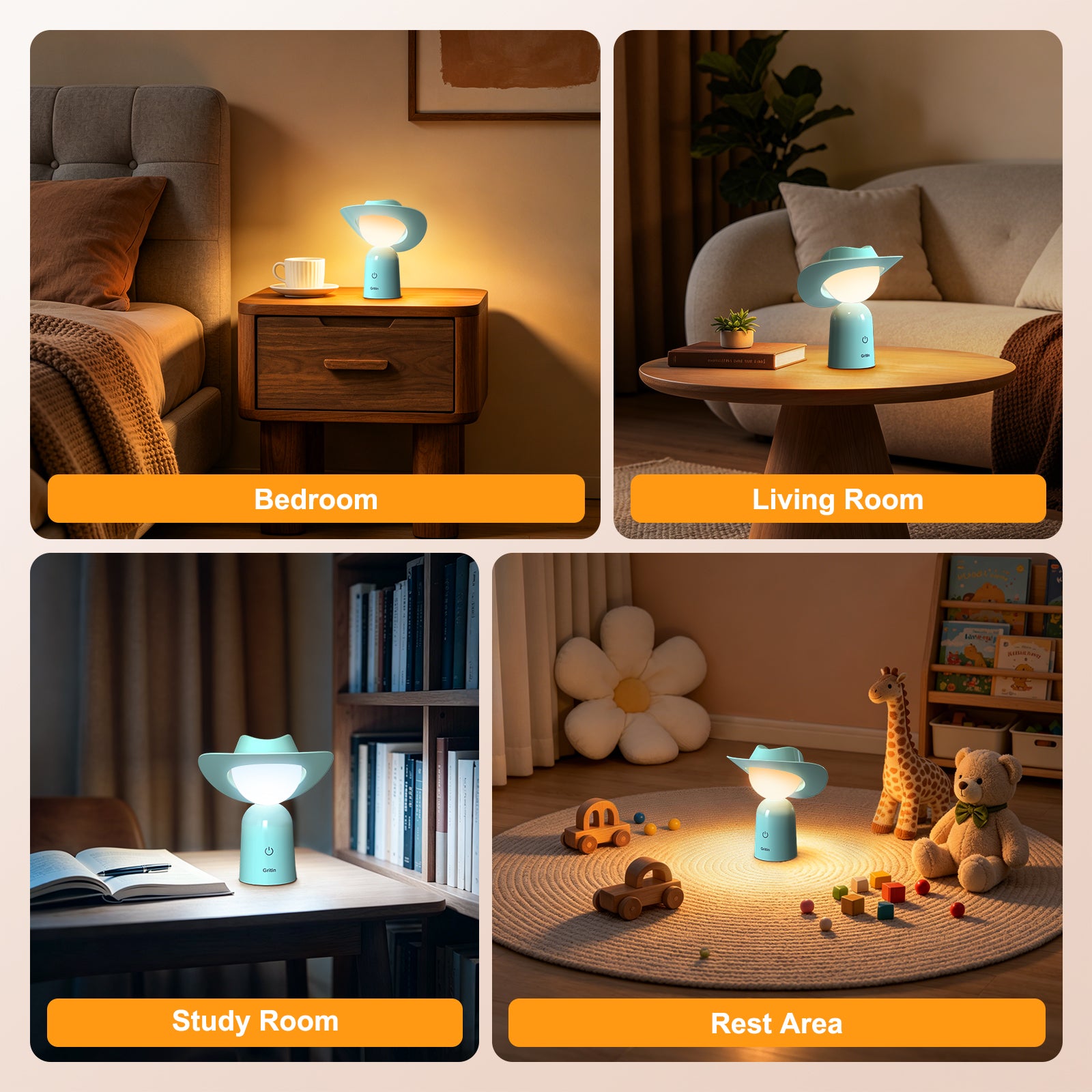 Gritin Cowboy Hat Night Light – Rechargeable 3-Colour Dimmable Bedside Lamp