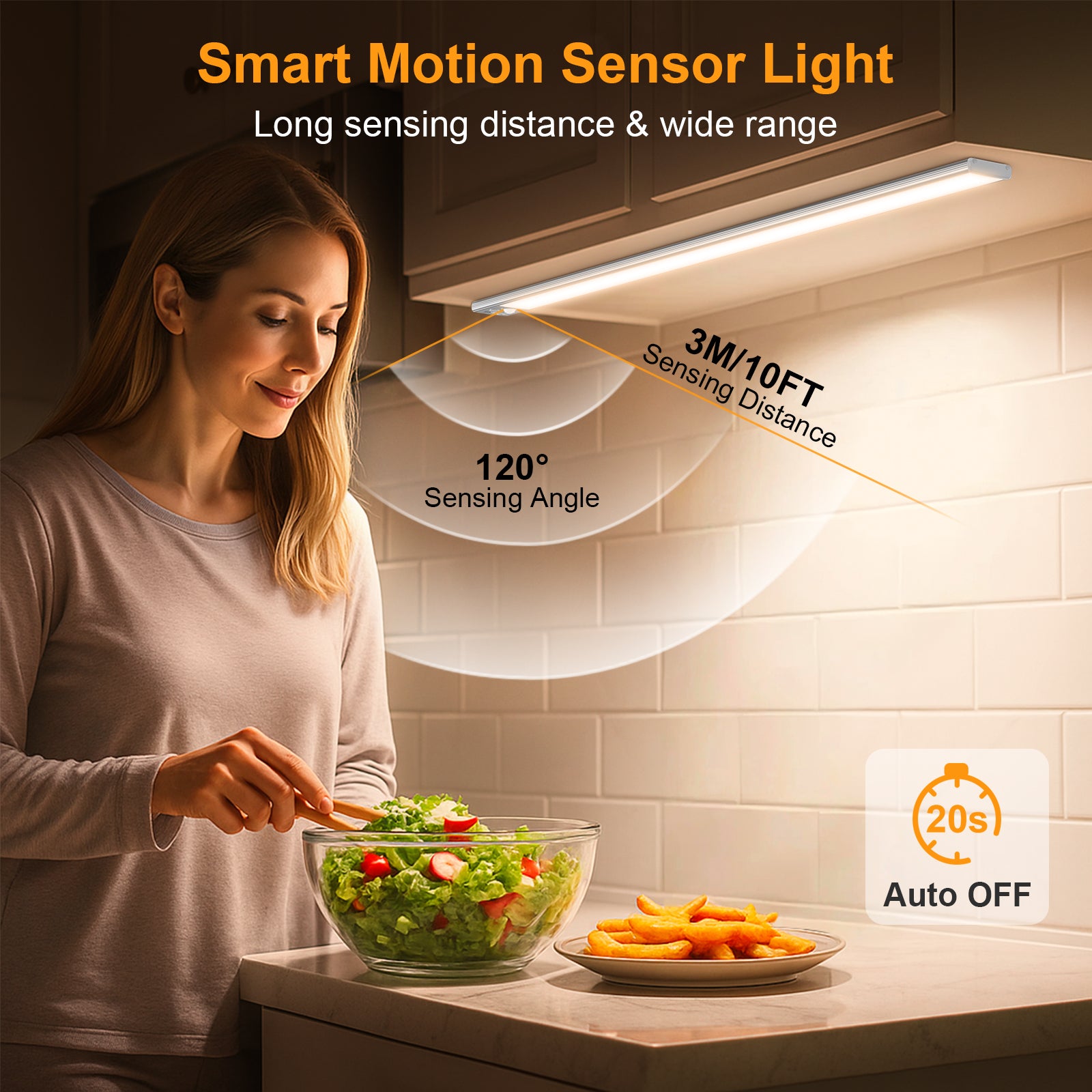 Gritin Under Cabinet Kitchen Lights 2 Pack-128 LED Super Bright,3-Color&5-Brightness,4 Modes,Motion Sensor, Rechargeable Long Lasting-Easy Installation Magnetic Under Closet Light 14.7 Inch