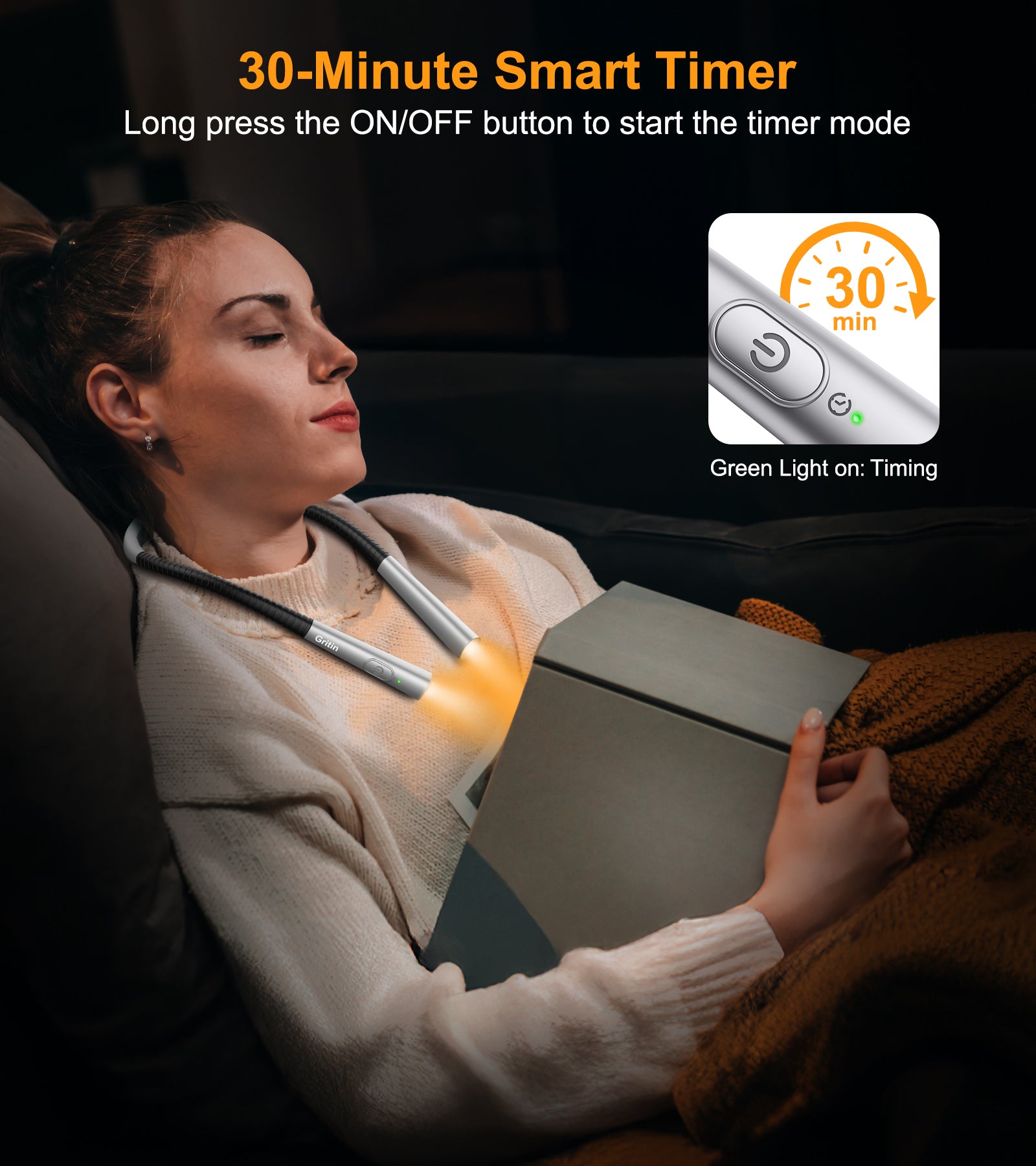 Gritin Book Light, Rechargeable Neck Light for Reading - 4-Color&5-Brightness,Bendable Arms,30-min Timer,80+ Hrs Runtime,Neck Curve Fit Ergonomic Design, Comfortable for Reading,Camping,Repairing etc.