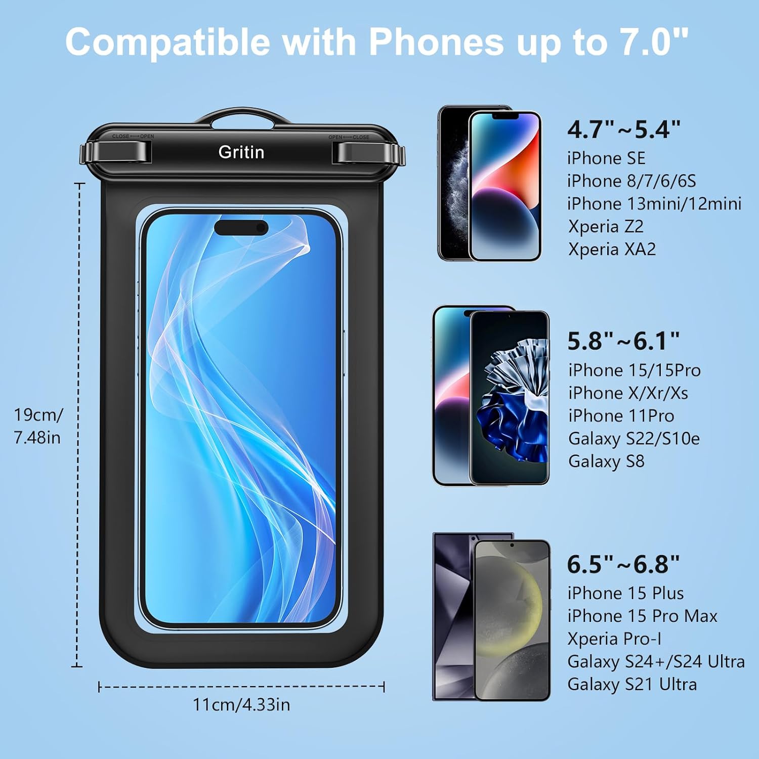 Pochette étanche pour téléphone Gritin, lot de 2 étuis étanches IPX8 pour la natation, cordon réglable, sac étanche pour téléphone sous-marin pour iPhone 15 14 13 12, Galaxy S24 S23 S22 et autres téléphones jusqu'à 7" 