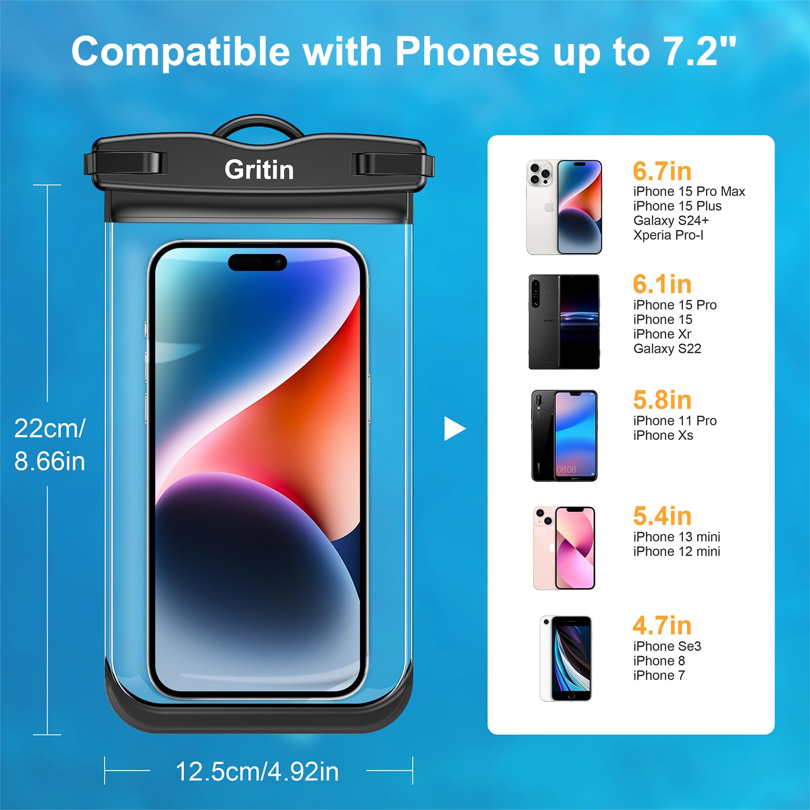 Gritin Waterproof Phone Pouch, [2 Pack] IPX8 Universal Waterproof Phone Case Dry Bag for Swimming, Adjustable Lanyard Underwater Phone Case for iPhone 16 15 14 13 12,Galaxy and Other Phones up to 7.2