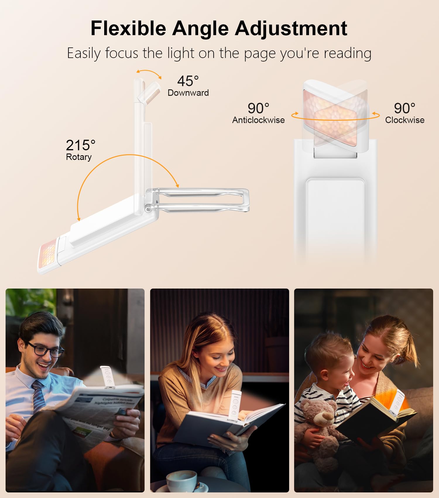 Gritin Rechargeable Clip-on Book Light, 3 Eye-Care Modes, 5 Brightness Levels & Stepless Dimming
