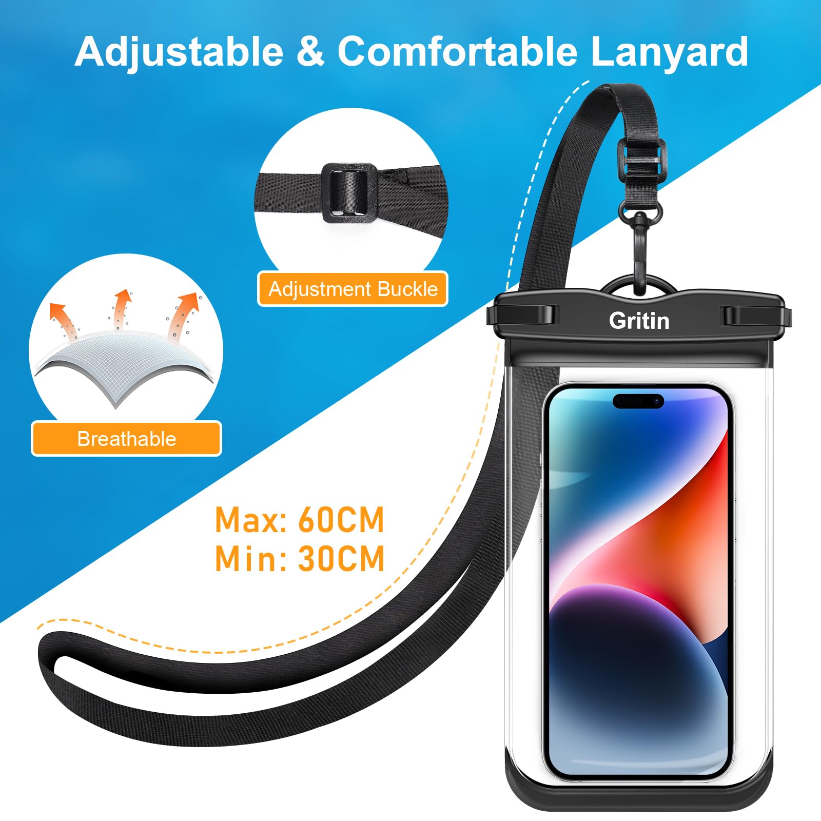 Gritin Waterproof Phone Pouch, [2 Pack] IPX8 Universal Waterproof Phone Case Dry Bag for Swimming, Adjustable Lanyard Underwater Phone Case for iPhone 16 15 14 13 12,Galaxy and Other Phones up to 7.2