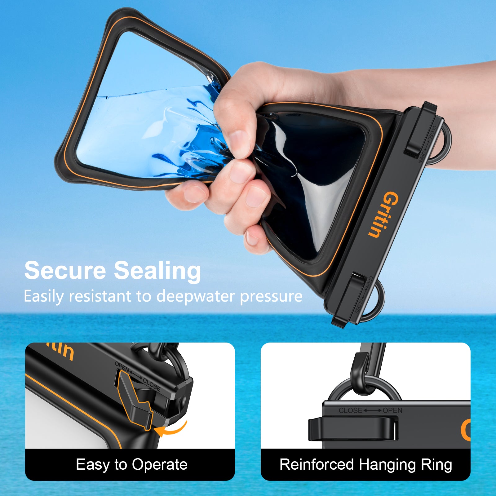 Gritin Waterproof Phone Pouch, IP68 Floating Waterproof Phone Case Bag for Swimming, Adjustable Lanyard Underwater Phone Dry Bag for iPhone 15 14 13,Galaxy S24 S23 and Other Phones up to 7.2" Black