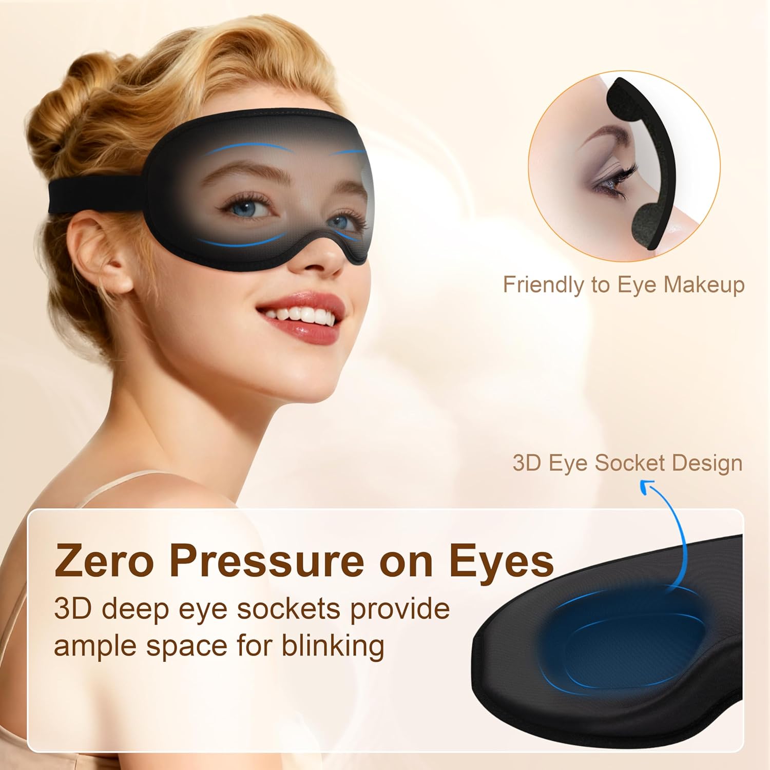 Gritin 100% Blackout Sleep Eye Mask for Side Sleeper Men Women, Zero Eye Pressure 3D Contoured Sleeping Mask with Adjustable Strap, Ergonomic Design Night Blindfold, Ultra Soft Comfortable for Travel