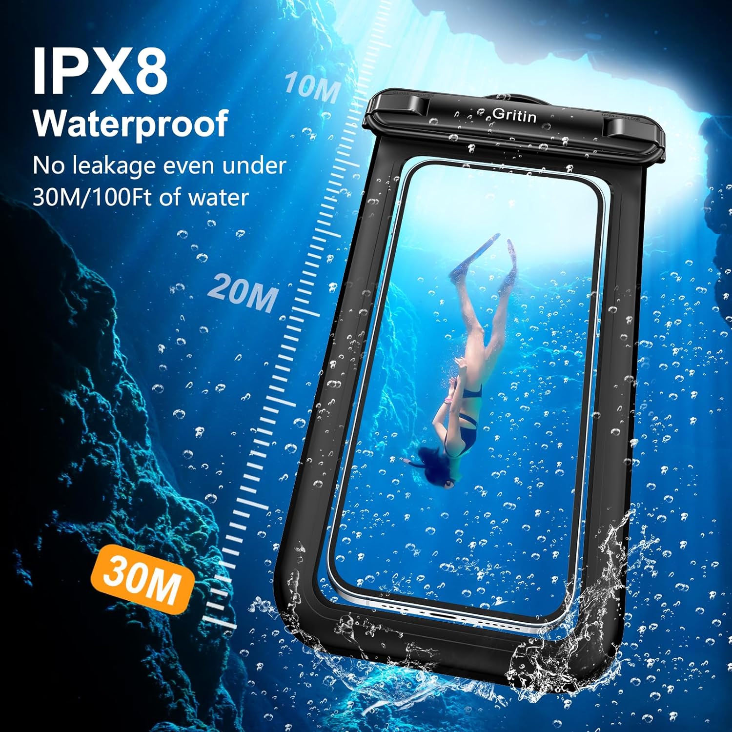 Pochette étanche pour téléphone Gritin, lot de 2 étuis étanches IPX8 pour la natation, cordon réglable, sac étanche pour téléphone sous-marin pour iPhone 15 14 13 12, Galaxy S24 S23 S22 et autres téléphones jusqu'à 7" 