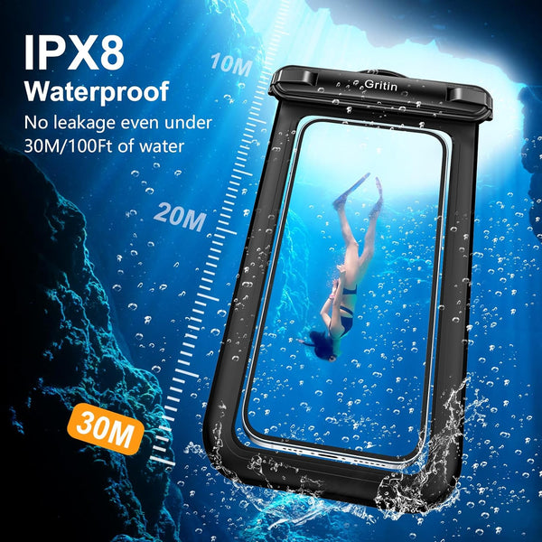 Pochette étanche pour téléphone Gritin, lot de 2 étuis étanches IPX8 pour la natation, cordon réglable, sac étanche pour téléphone sous-marin pour iPhone 15 14 13 12, Galaxy S24 S23 S22 et autres téléphones jusqu'à 7" 