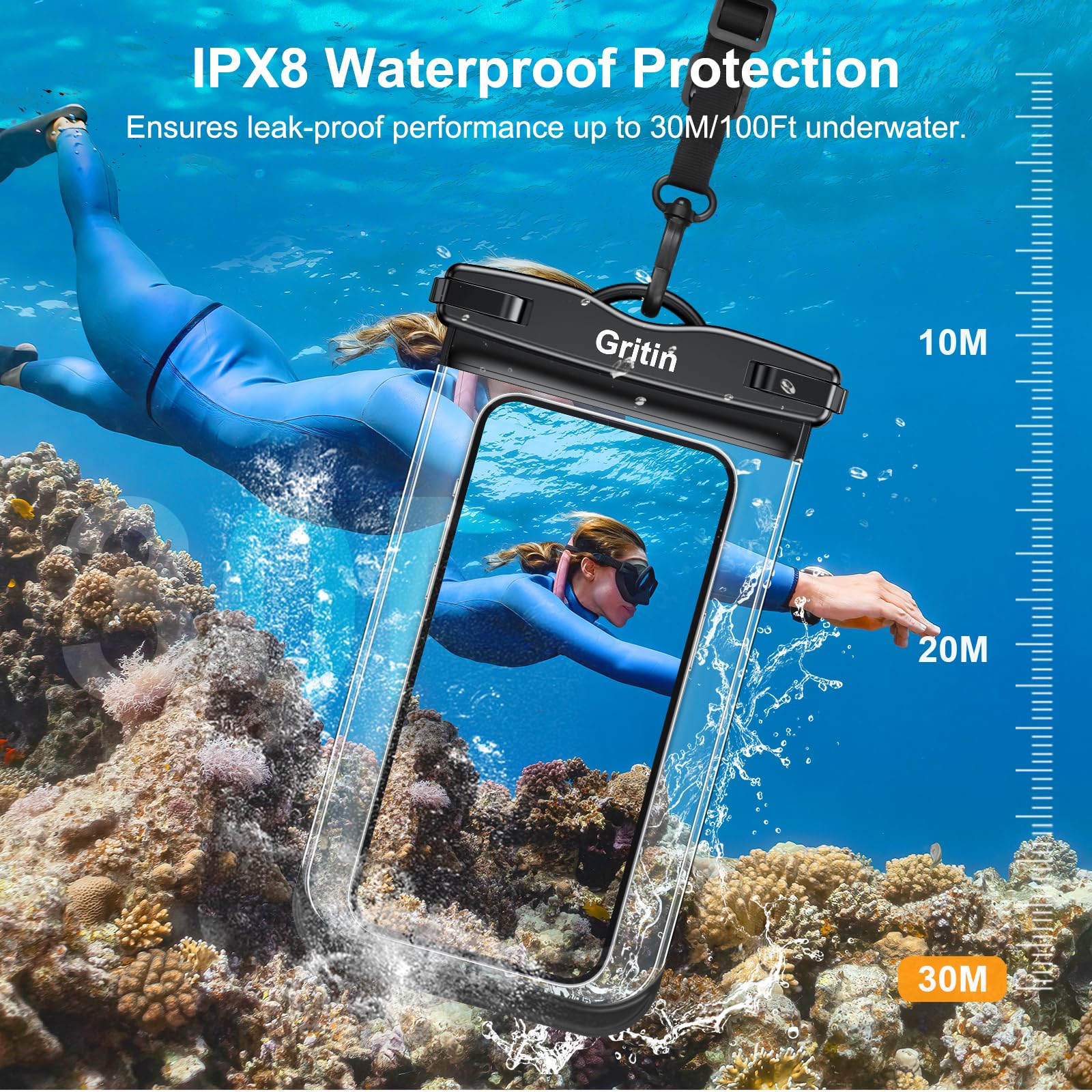 Gritin Waterproof Phone Pouch, [2 Pack] IPX8 Universal Waterproof Phone Case Dry Bag for Swimming, Adjustable Lanyard Underwater Phone Case for iPhone 16 15 14 13 12,Galaxy and Other Phones up to 7.2