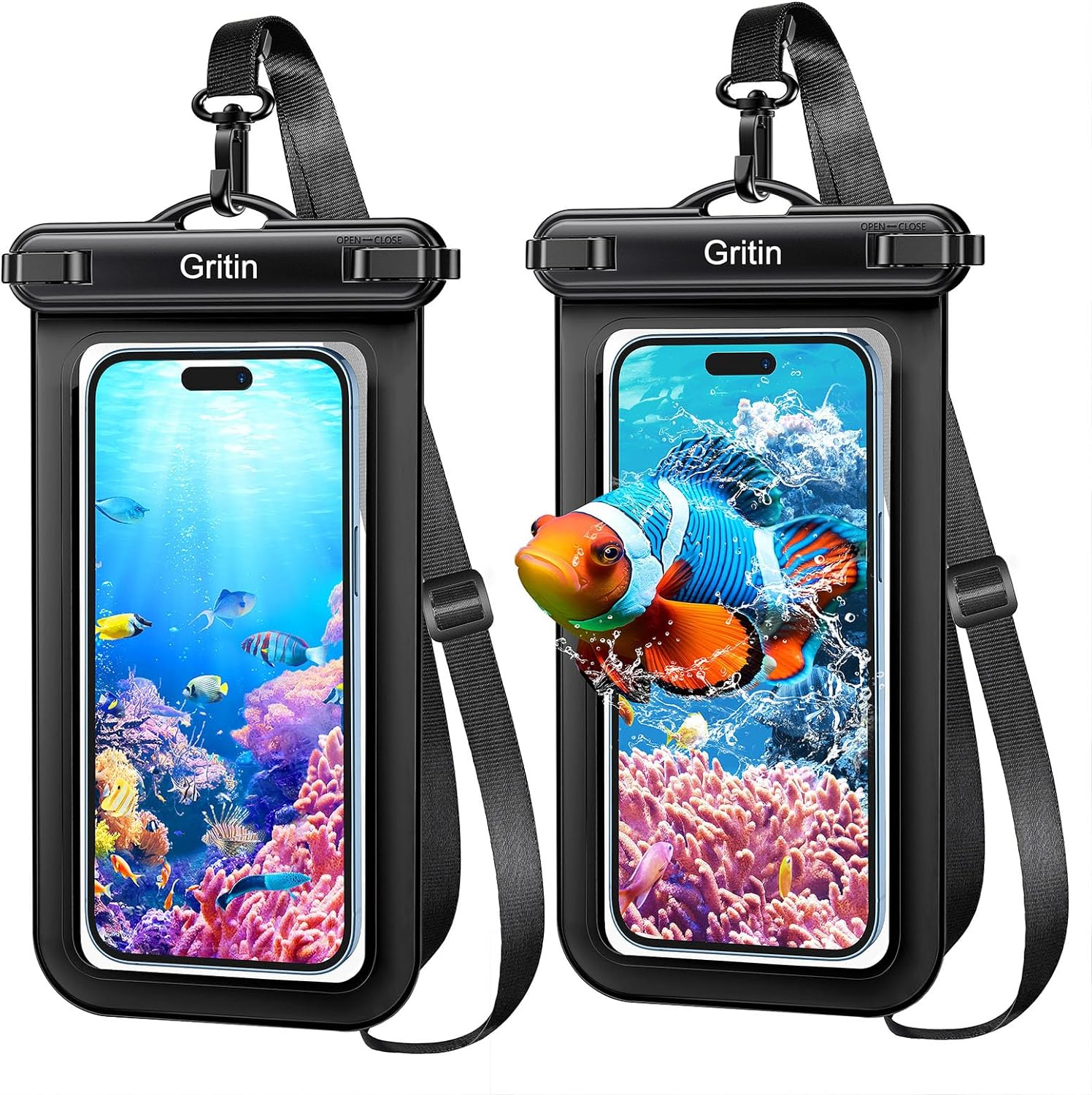 Pochette étanche pour téléphone Gritin, lot de 2 étuis étanches IPX8 pour la natation, cordon réglable, sac étanche pour téléphone sous-marin pour iPhone 15 14 13 12, Galaxy S24 S23 S22 et autres téléphones jusqu'à 7" 