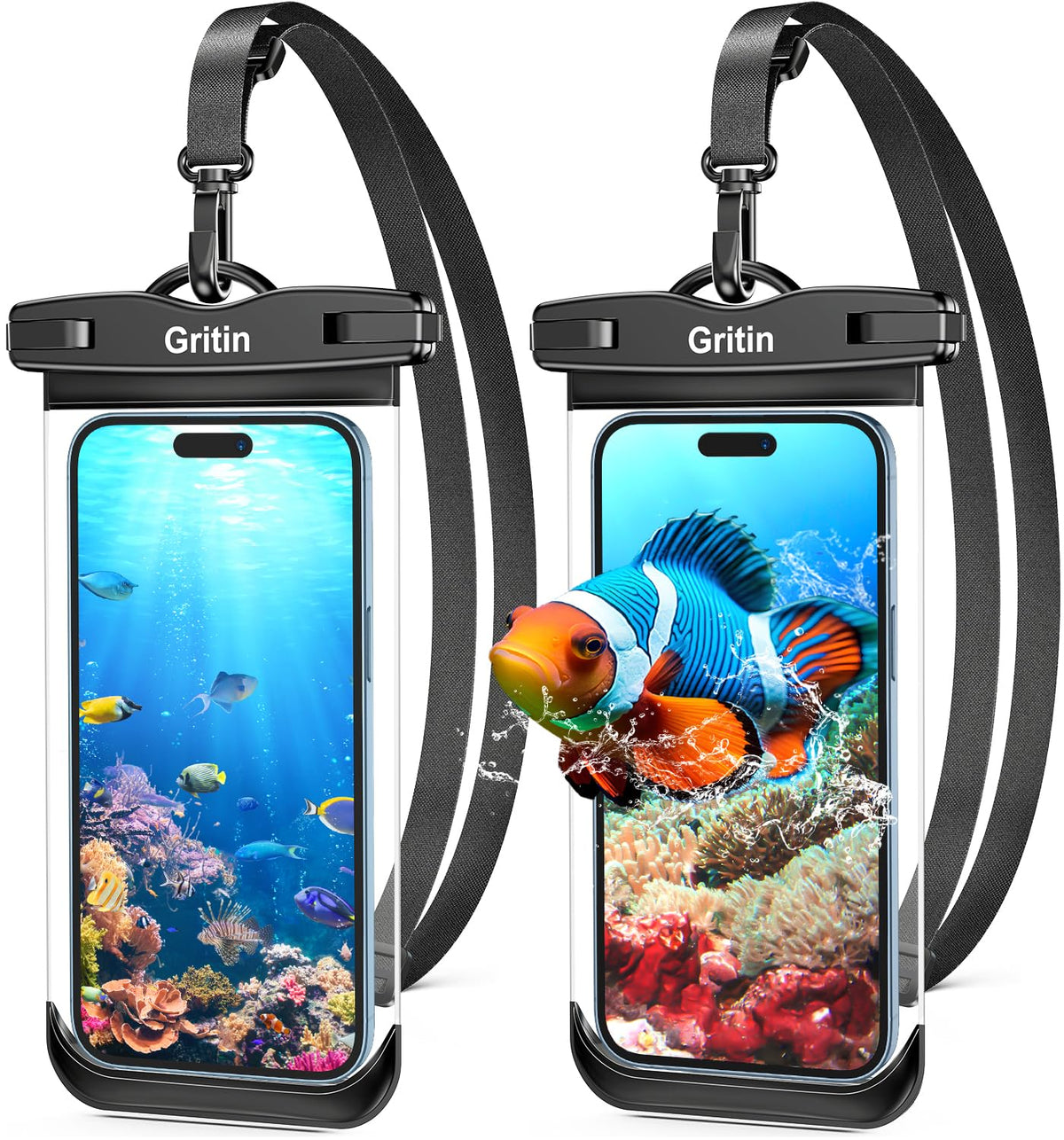 Gritin Waterproof Phone Pouch, [2 Pack] IPX8 Universal Waterproof Phone Case Dry Bag for Swimming, Adjustable Lanyard Underwater Phone Case for iPhone 16 15 14 13 12,Galaxy and Other Phones up to 7.2
