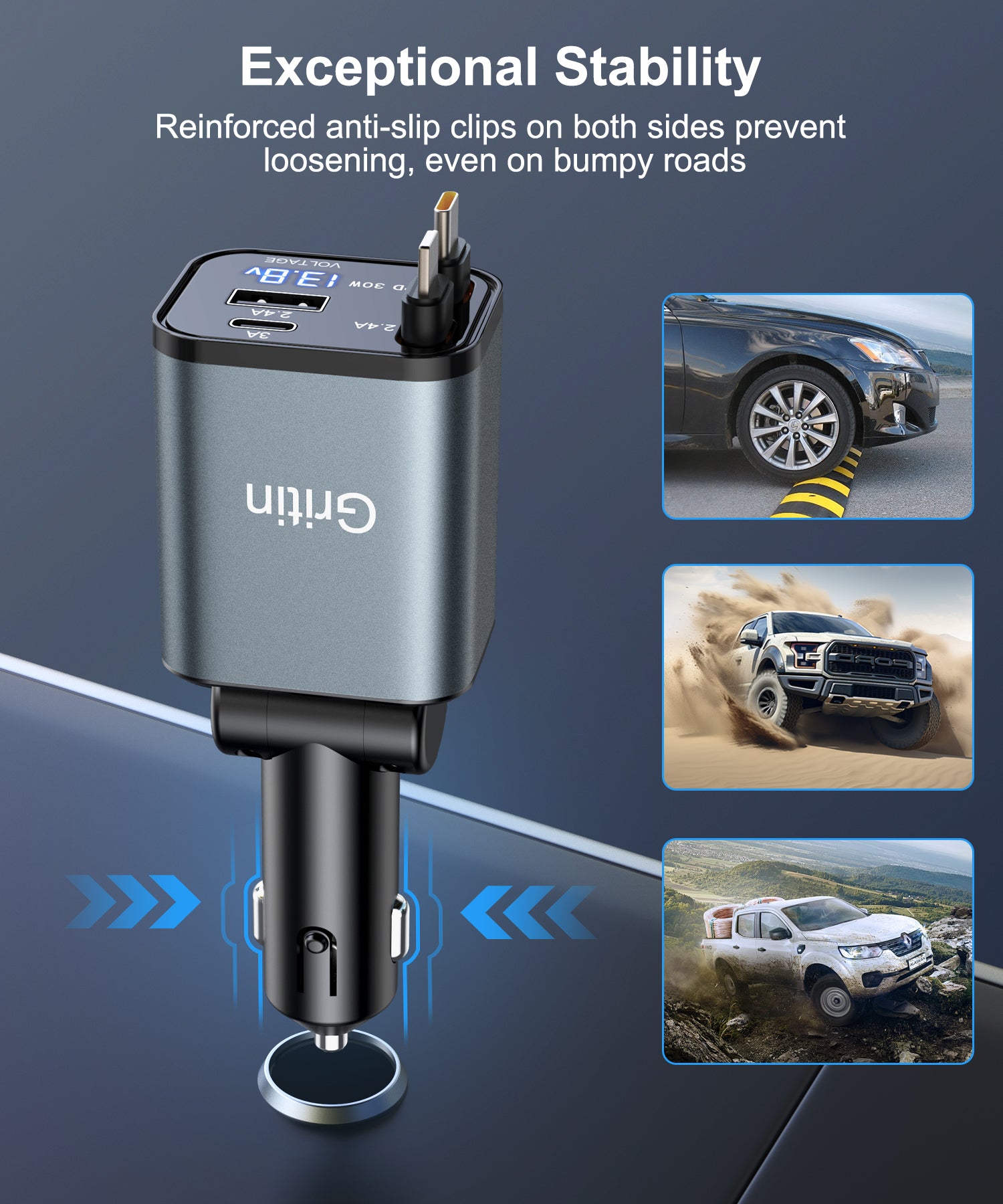 Gritin Retractable Car Charger, 69W Super Fast 4 in 1 USB C Car Charger Adapter with Smart Device-Adaptive Charging Technology&Instant Current Display,Accessories for Phone 16 15,iPad,Android etc